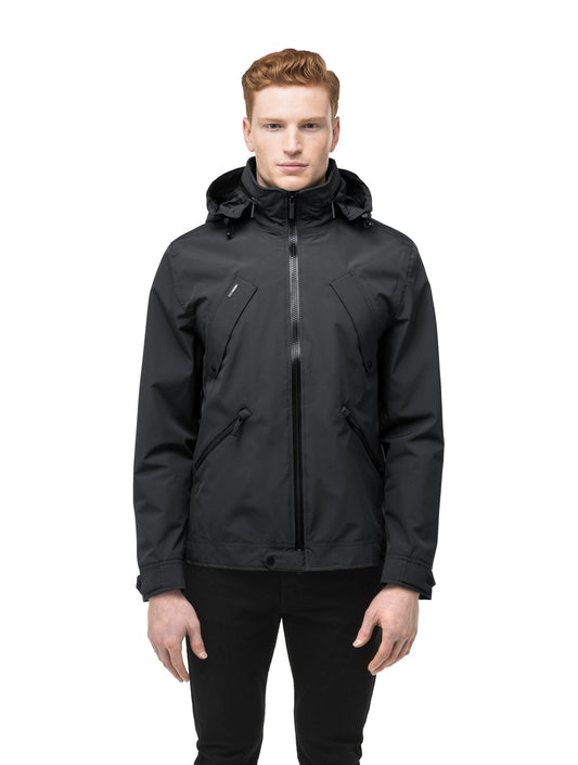 Men's waist length waterproof jacket with exposed zipper in Black + Black