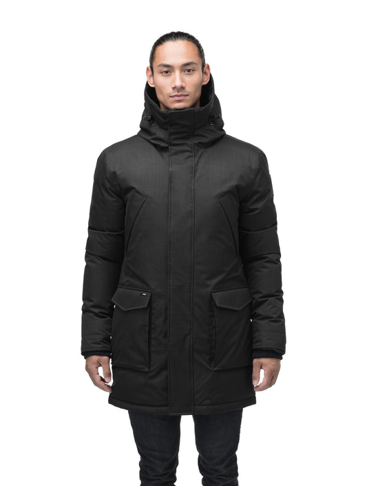 Men's thigh length down-filled parka with non-removable hood in Black + Black