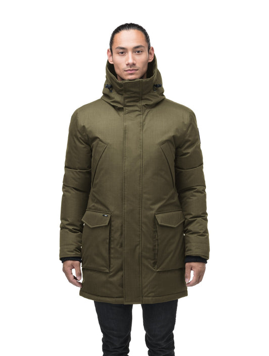 Men's thigh length down-filled parka with non-removable hood in Fatigue + Fatigue