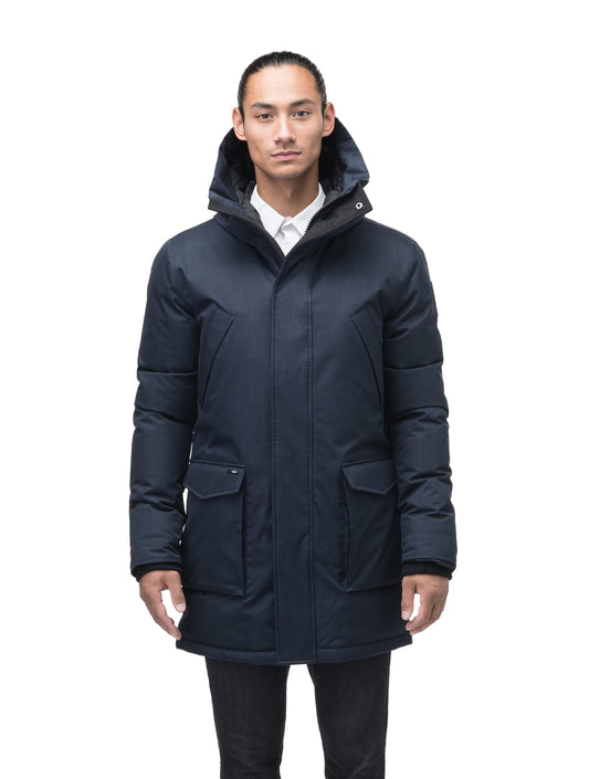 Men's thigh length down-filled parka with non-removable hood in Navy + Navy