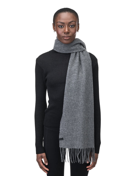 Vera Unisex Wool Scarf in a long length, fringe ends, in Dk Grey + Dk Grey