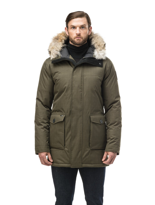Men's slim fitting waist length parka with removable fur trim on the hood and two waist patch pockets in CH Army Green + CH Army Green