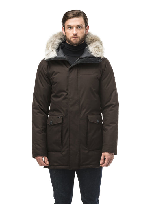 Men's slim fitting waist length parka with removable fur trim on the hood and two waist patch pockets in CH Brown + CH Brown