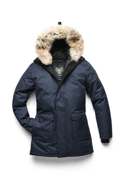 Men's slim fitting waist length parka with removable fur trim on the hood and two waist patch pockets in CH Navy + CH Navy