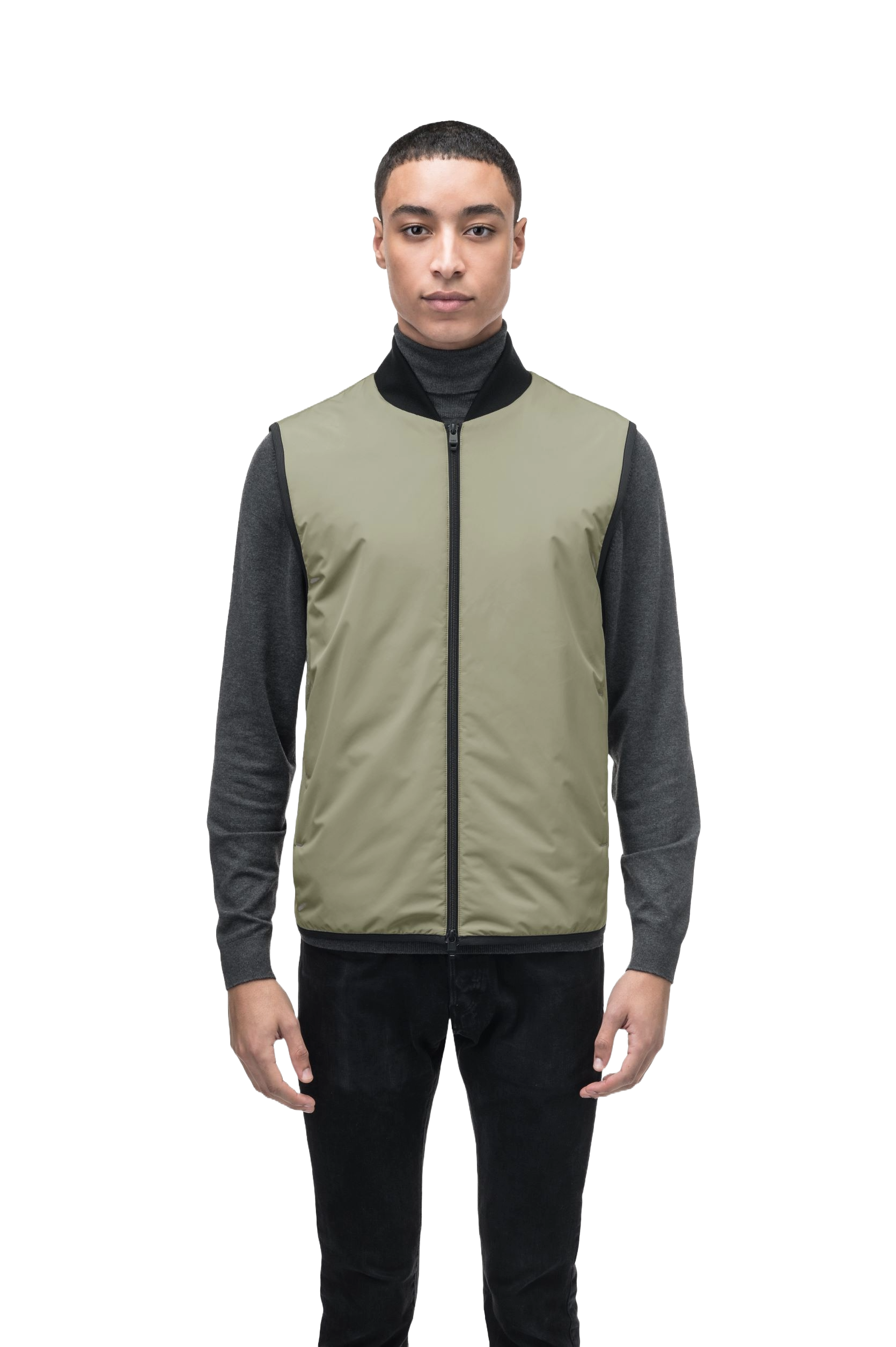 Neo Men's Mid Layer Vest in hip length, Primaloft Gold Insulation Active+, and two-way zipper, in Tea