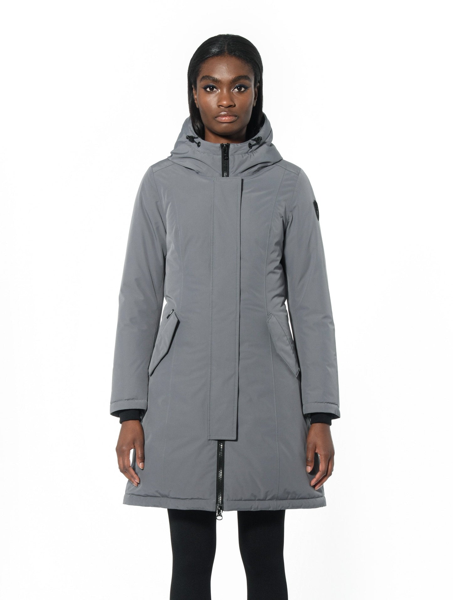 Ladies thigh length down-filled parka with non-removable hood in Concrete