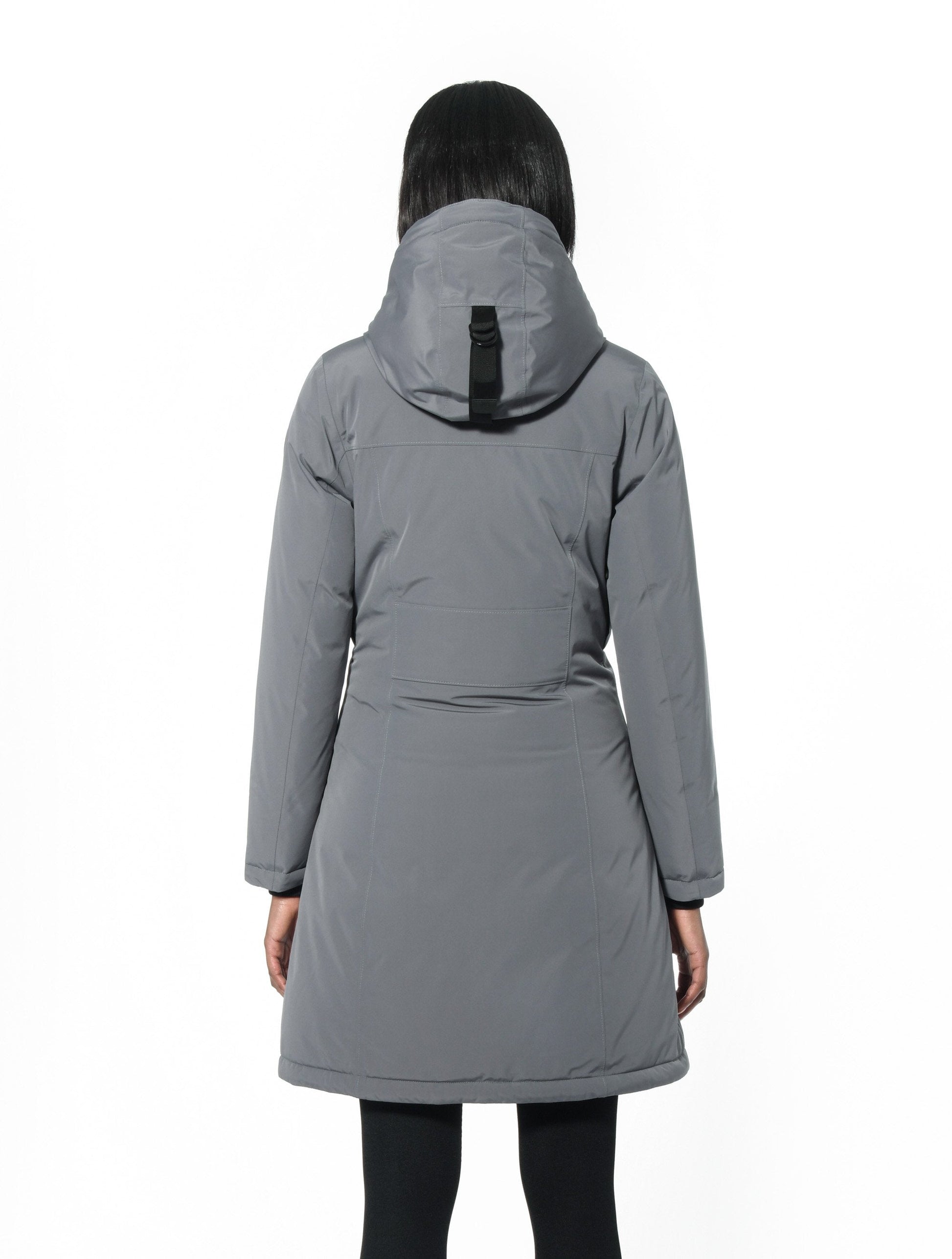 Ladies thigh length down-filled parka with non-removable hood in Concrete