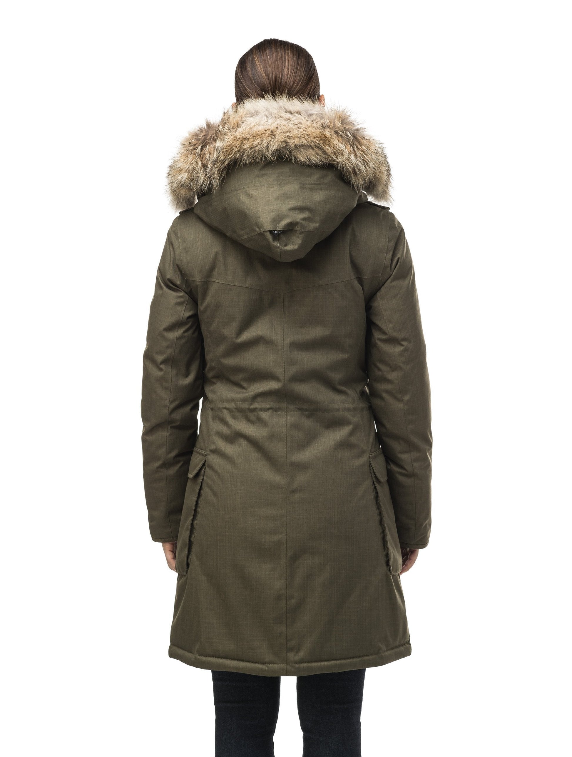 Women's knee length down filled parka with fur trim hood in CH Army Green
