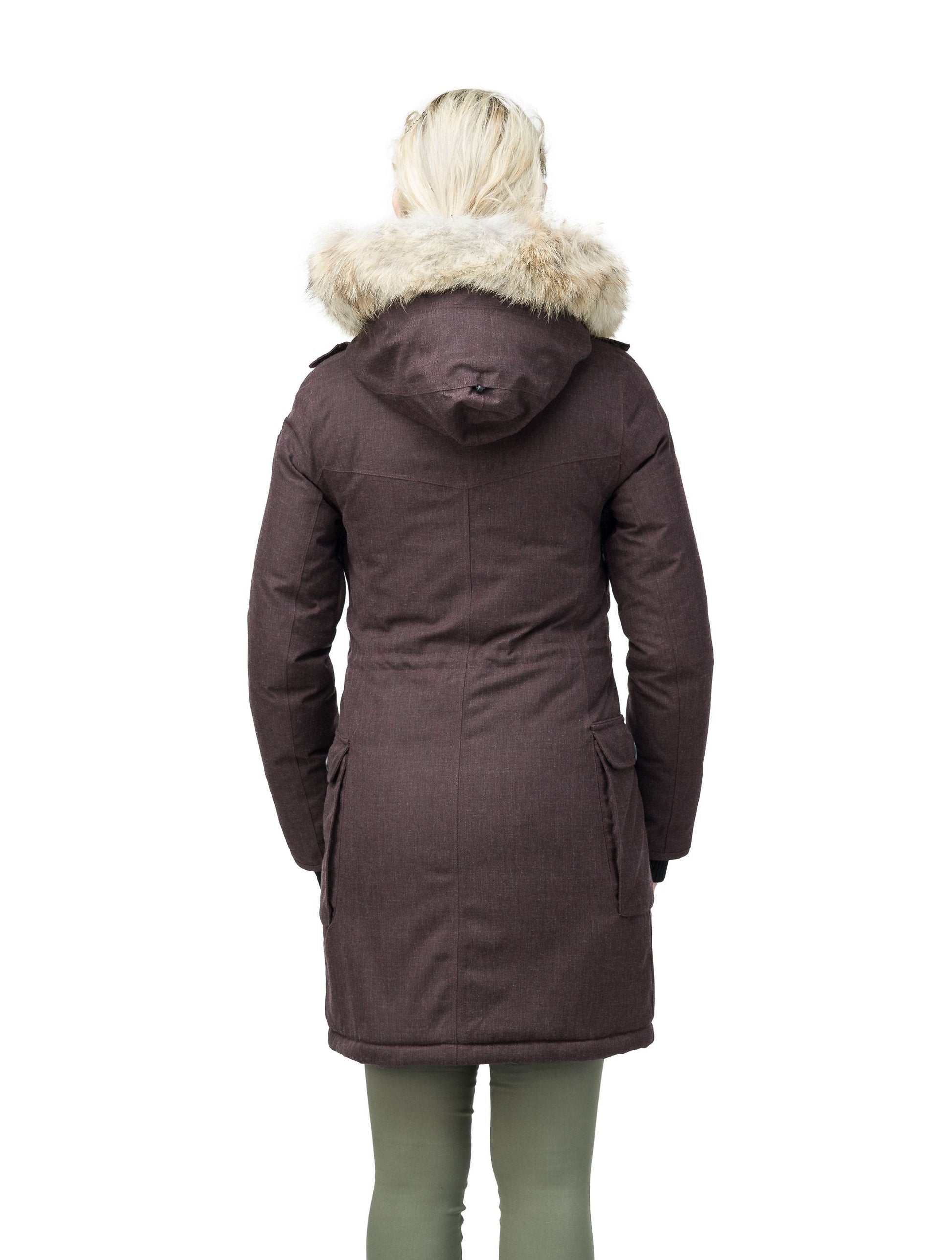 Women's knee length down filled parka with fur trim hood in H. Burgundy