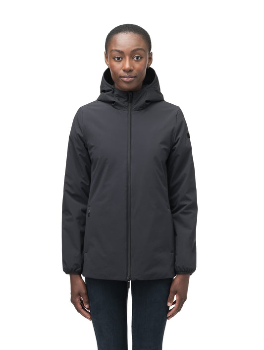 Ladies hip length mid layer jacket with non-removable hood and two-way zipper in Black