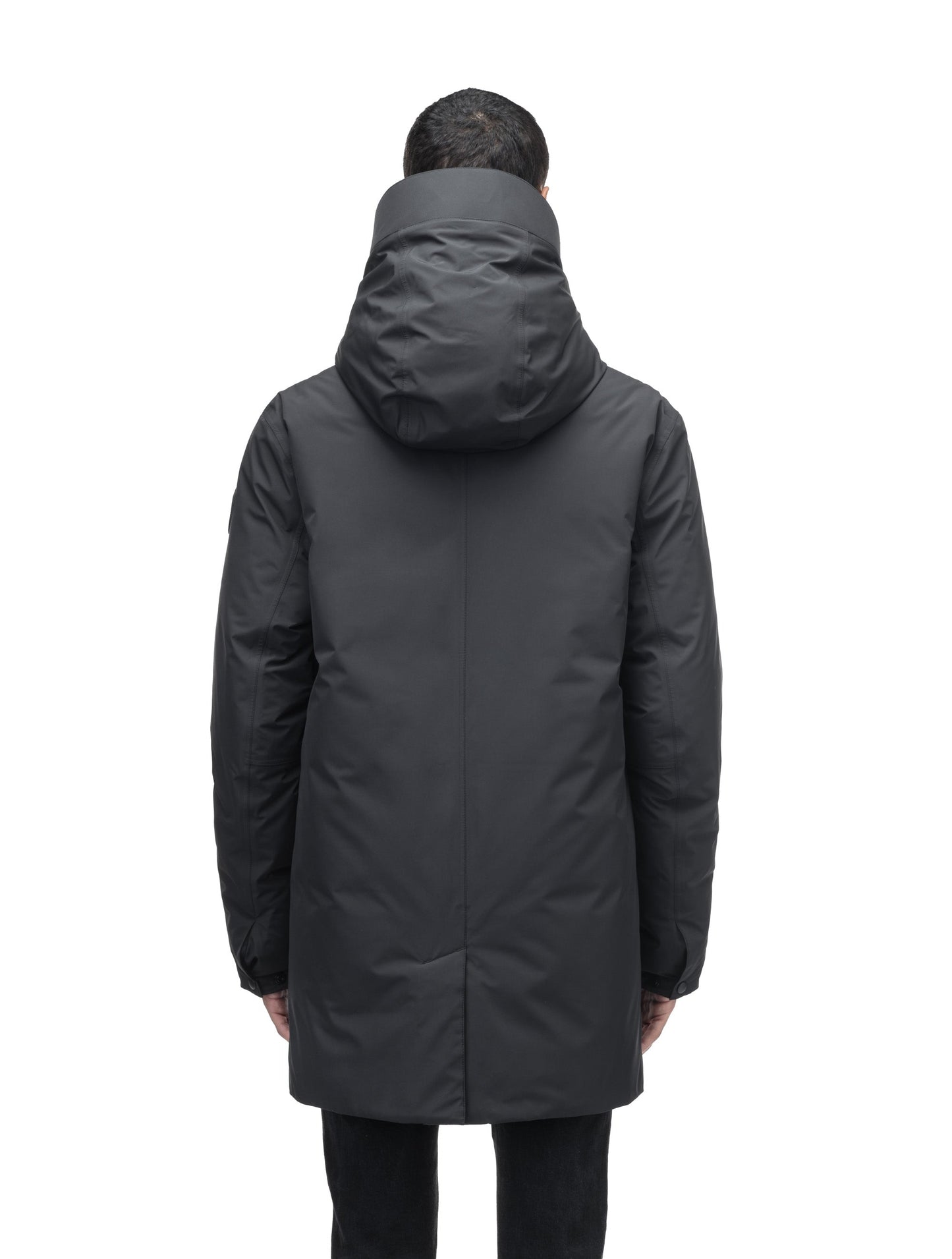 Atlas Men's Performance Parka in thigh length, Canadian duck down insulation, removable hood, and two-way zipper, in Black