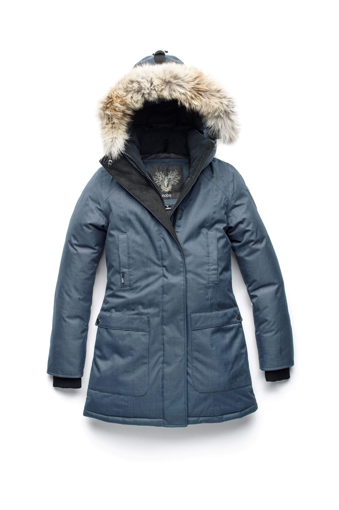 Women's down filled parka that sits just below the hip with a clean look and two hip patch pockets in CH Balsam
