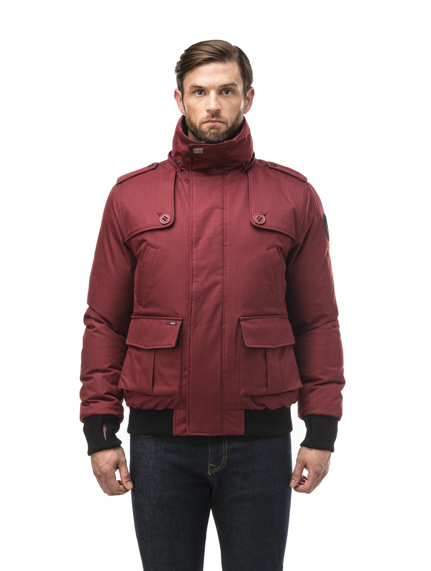 Men's down filled bomber that sits just above the hips with a completely removable hood that's windproof, waterproof, and breathable in CH Cabernet