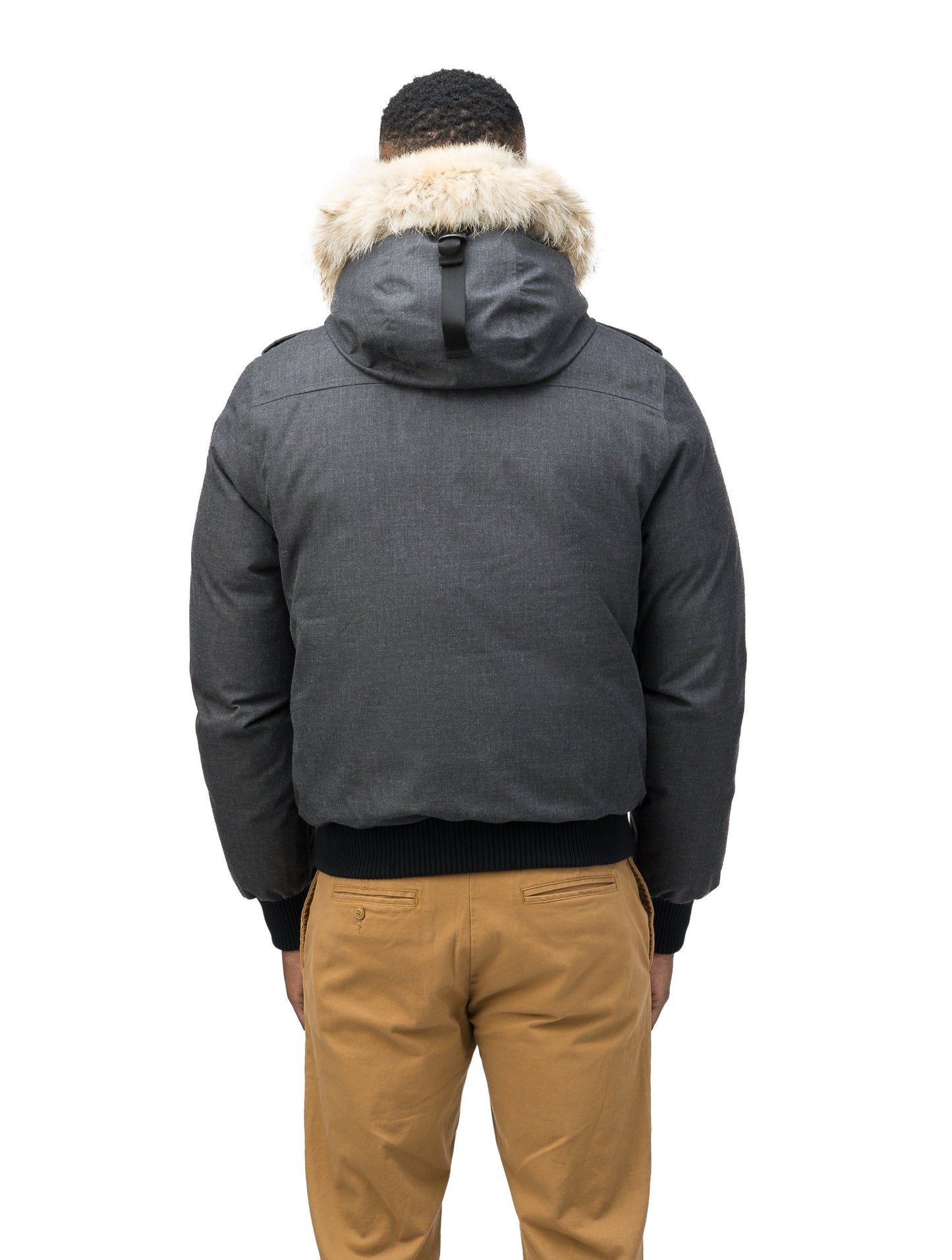 Men's down filled bomber that sits just above the hips with a completely removable hood that's windproof, waterproof, and breathable in H. Charcoal