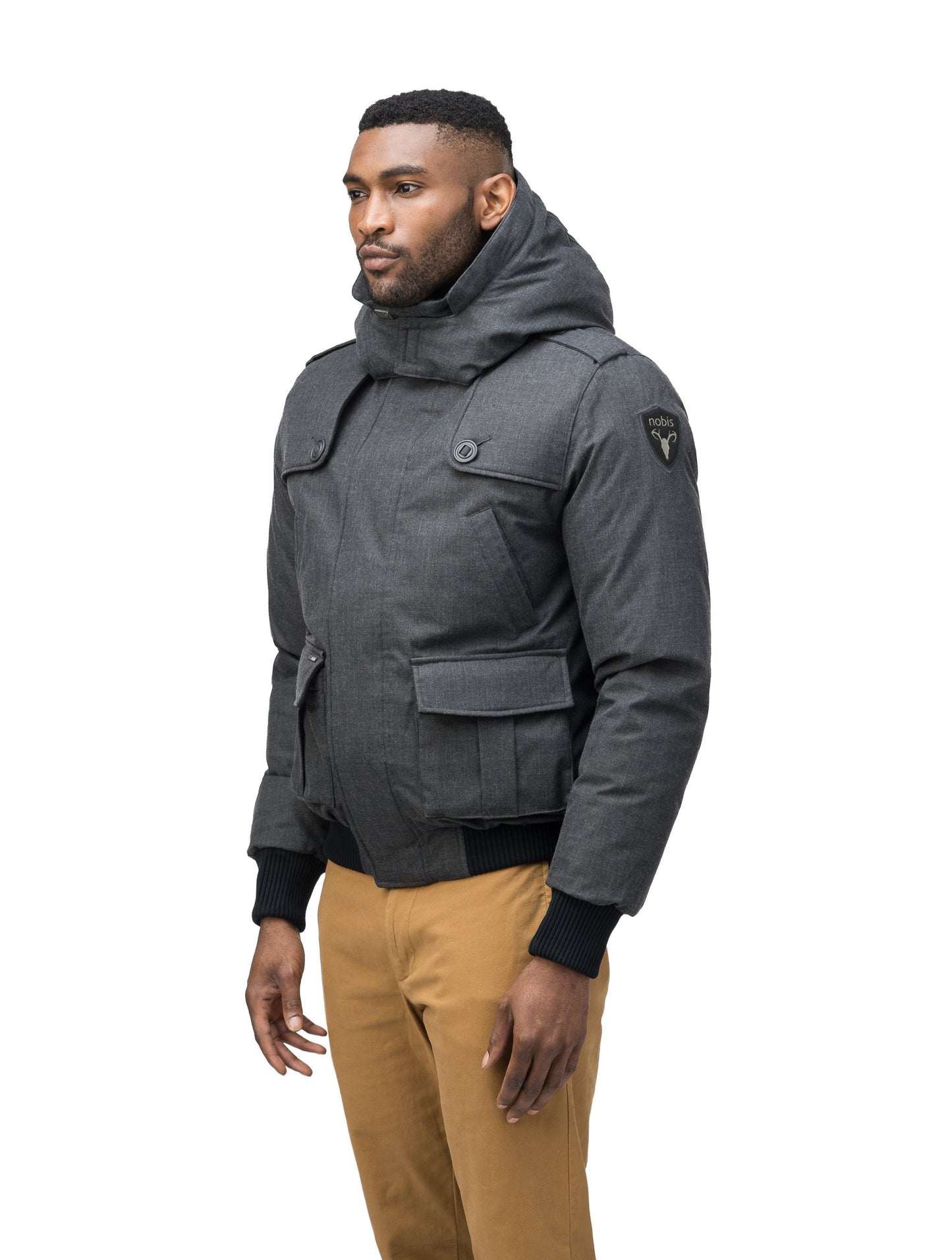 Men's down filled bomber that sits just above the hips with a completely removable hood that's windproof, waterproof, and breathable in H. Charcoal