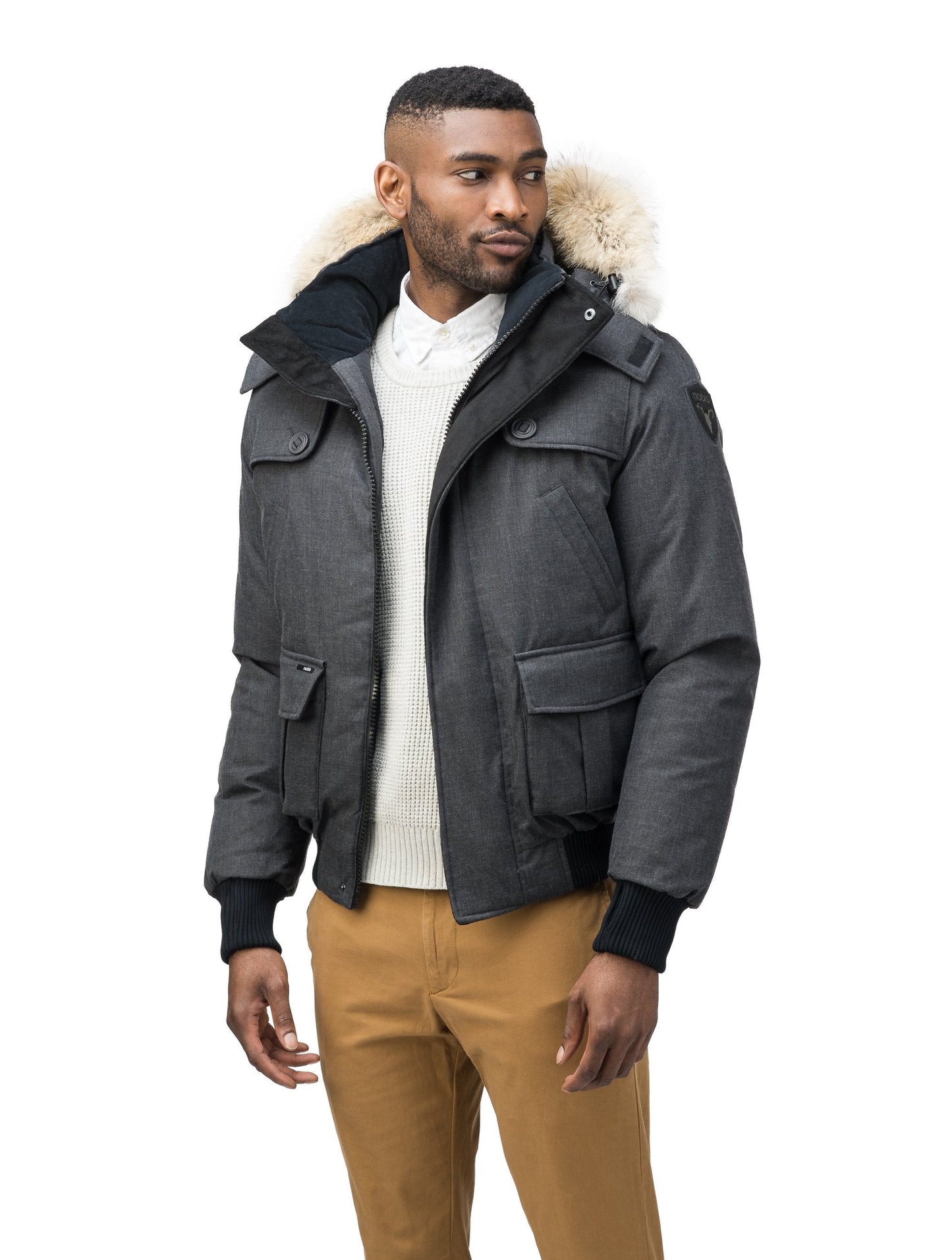 Men's down filled bomber that sits just above the hips with a completely removable hood that's windproof, waterproof, and breathable in H. Charcoal