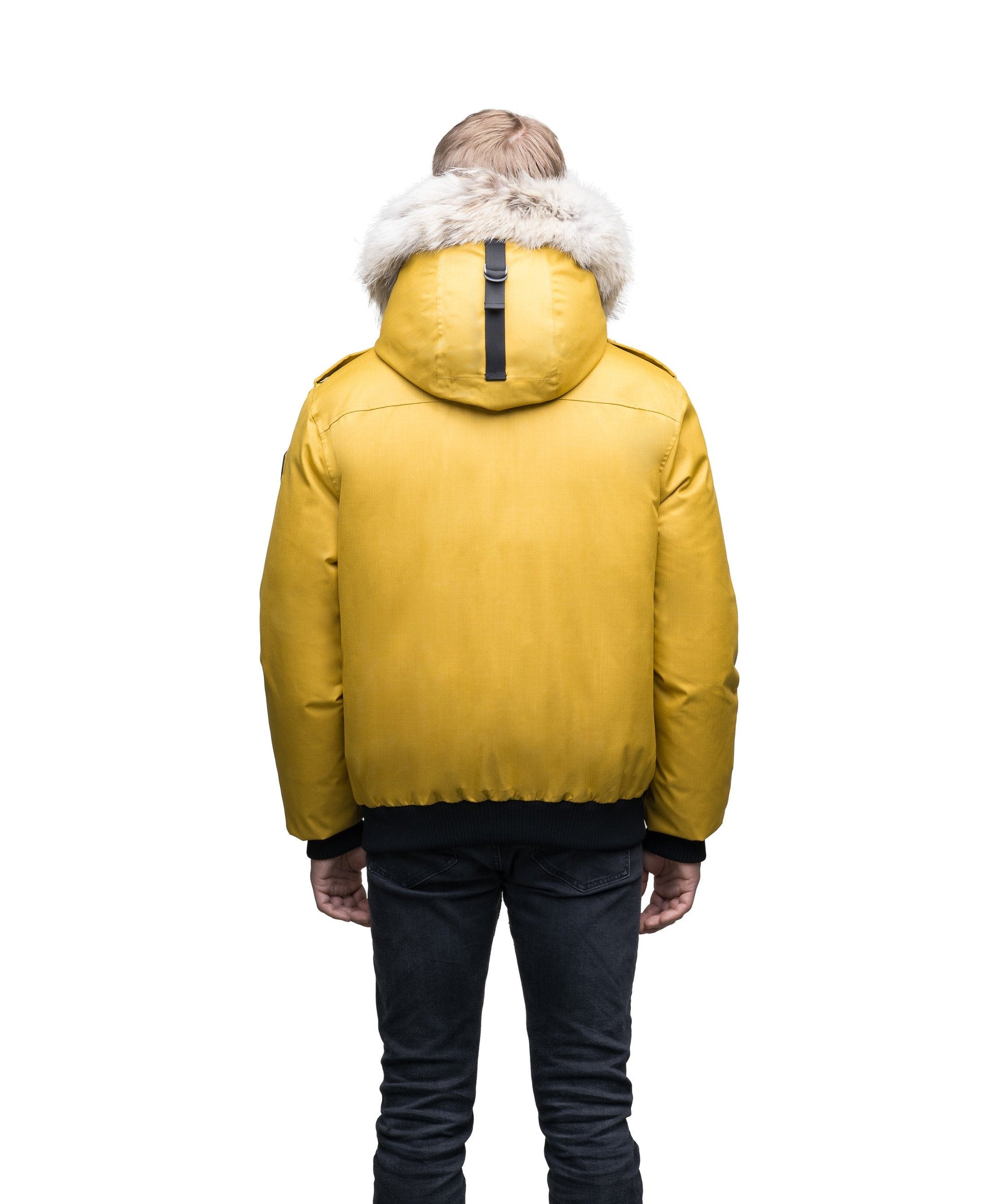 Men's down filled bomber that sits just above the hips with a completely removable hood that's windproof, waterproof, and breathable in CH Yellow