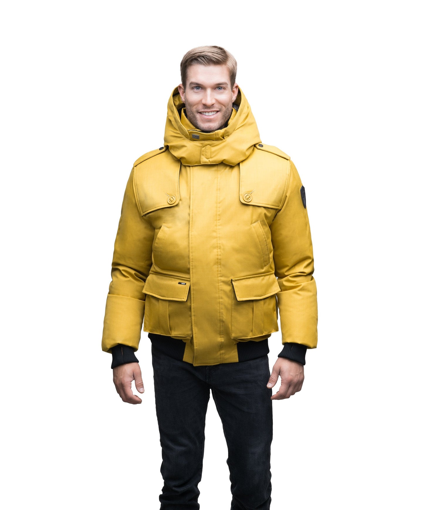 Men's down filled bomber that sits just above the hips with a completely removable hood that's windproof, waterproof, and breathable in CH Yellow