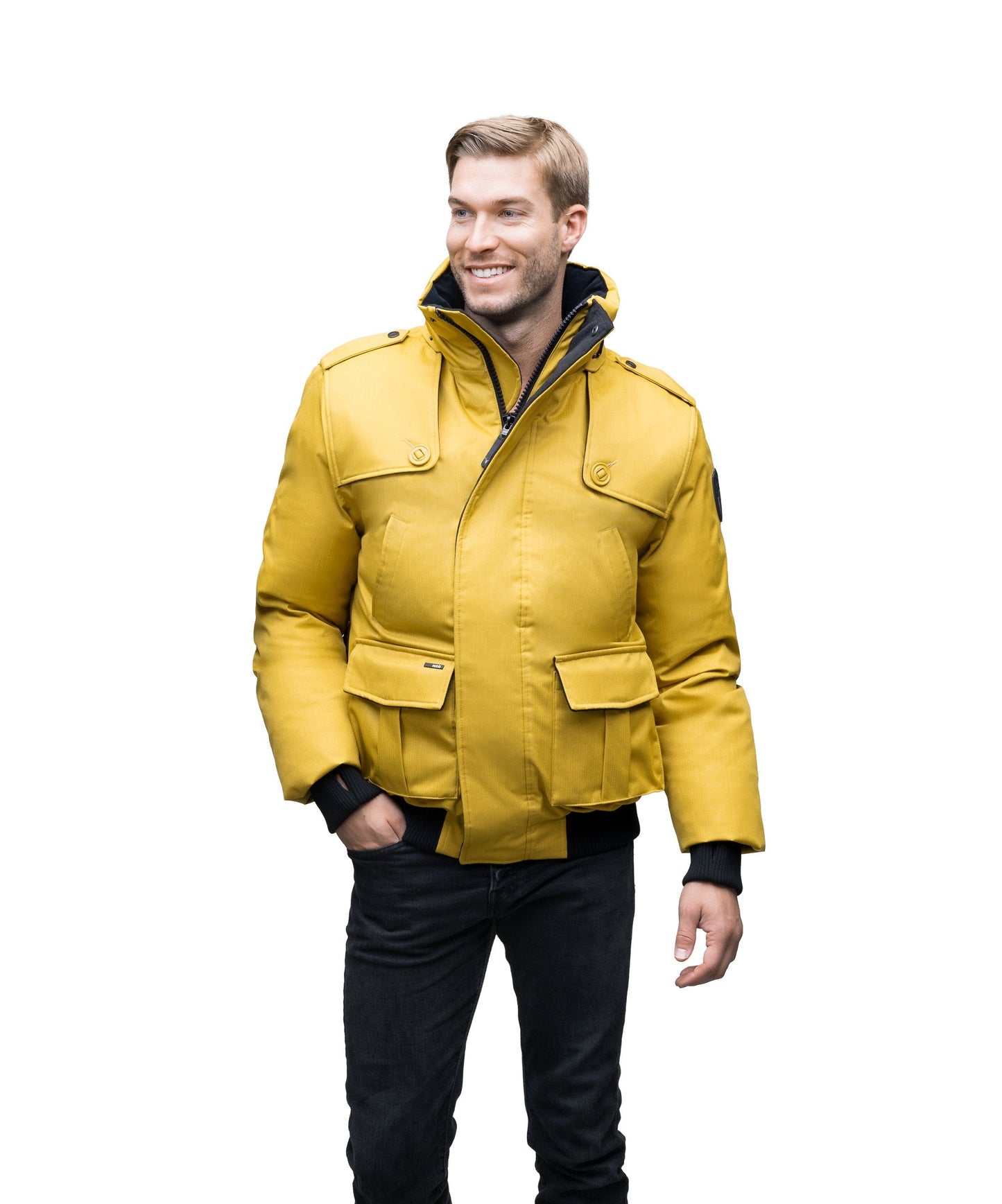 Men's down filled bomber that sits just above the hips with a completely removable hood that's windproof, waterproof, and breathable in CH Yellow