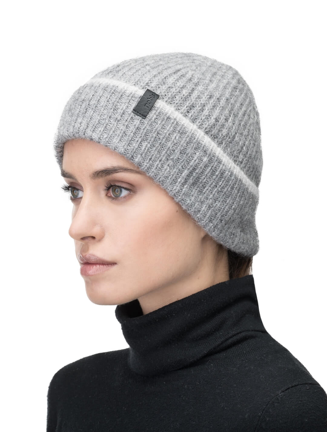 Dain Unisex Knit Watch Cap in superfine alpaca and merino wool, contrast colour knit along cuff, and Nobis embossed leather label at the cuff, in Grey Melange