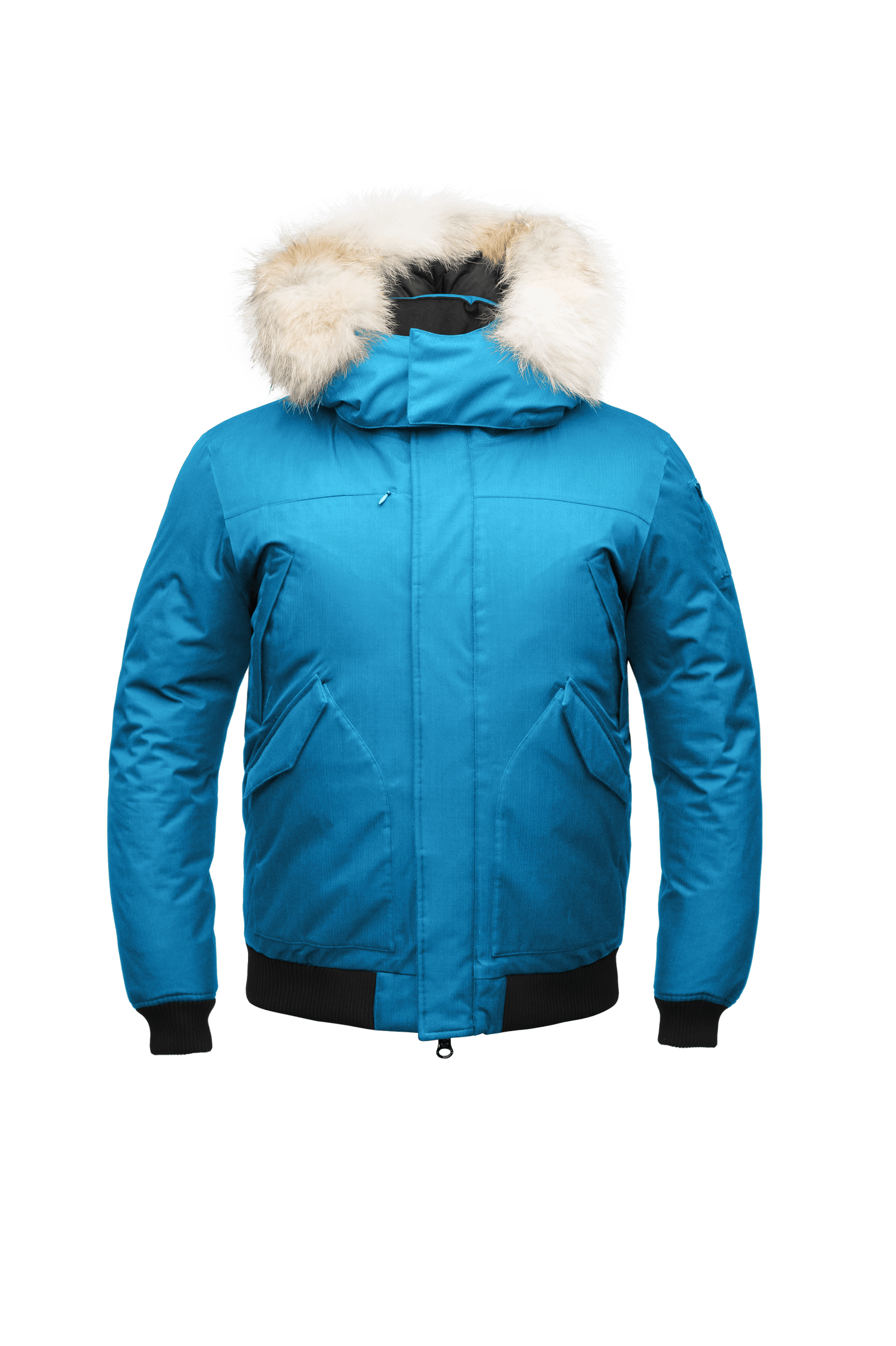 Men's classic down filled bomber jacket with a down filled hood that features a removable coyote fur trim and concealed moldable framing wire in Sea Blue