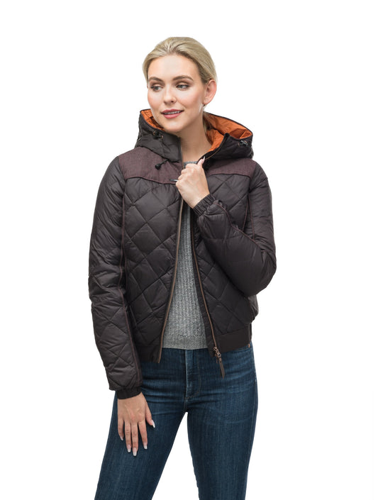 Lightweight women's jacket with hood and quilted pattern featuring a contrasting upper fabric in Dark Brown