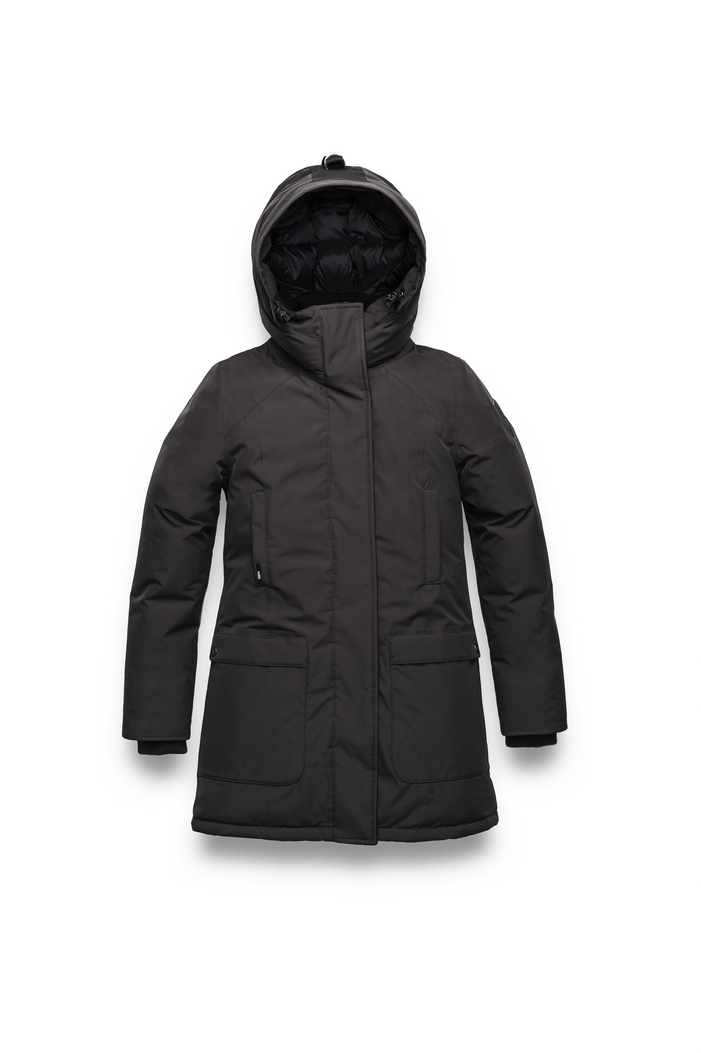 Women's hip length parka down-filled parka with a fur free hood in Black