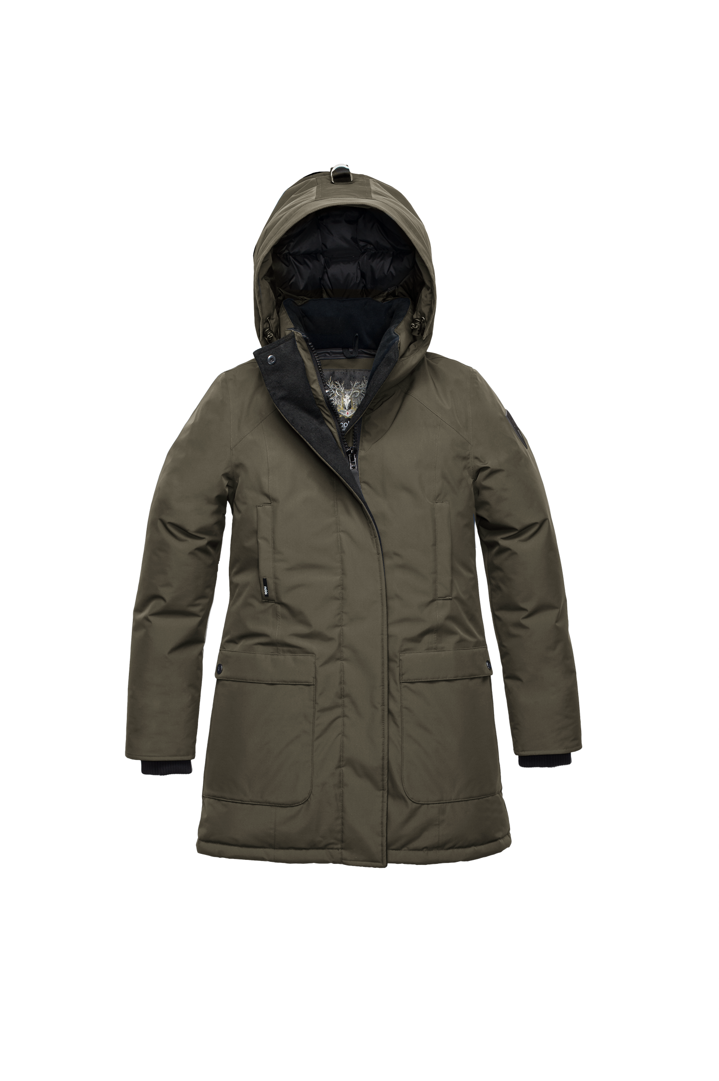 Women's hip length parka down-filled parka with a fur free hood in Fatigue