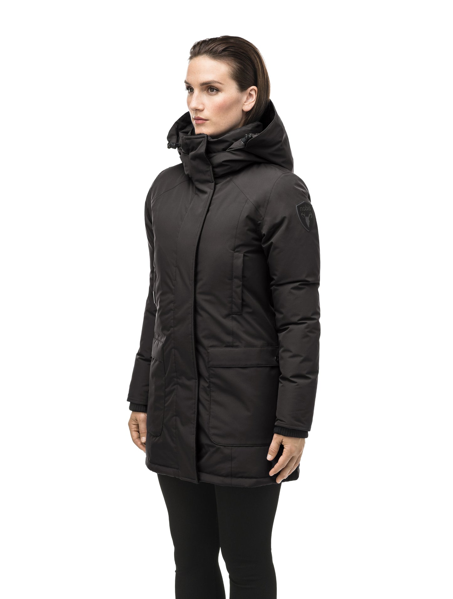 Women's hip length parka down-filled parka with a fur free hood in Black