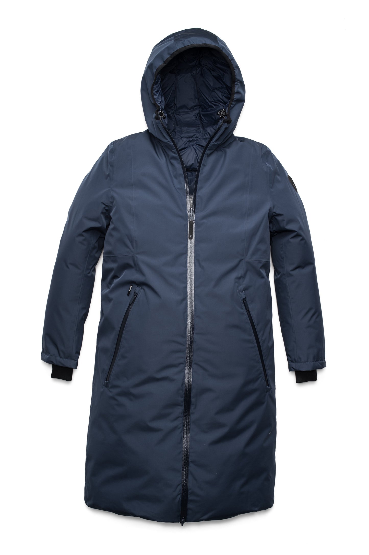 Ladies knee length reversible down-filled parka with non-removable hood in Marine