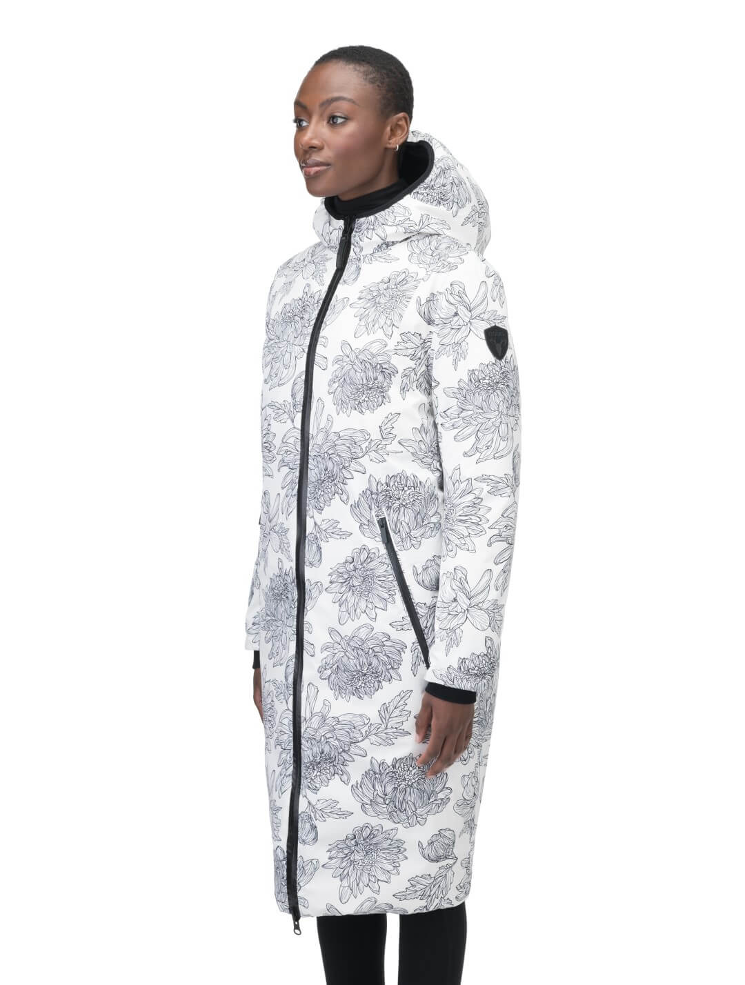 Ladies knee length reversible down-filled parka with non-removable hood in White Floral