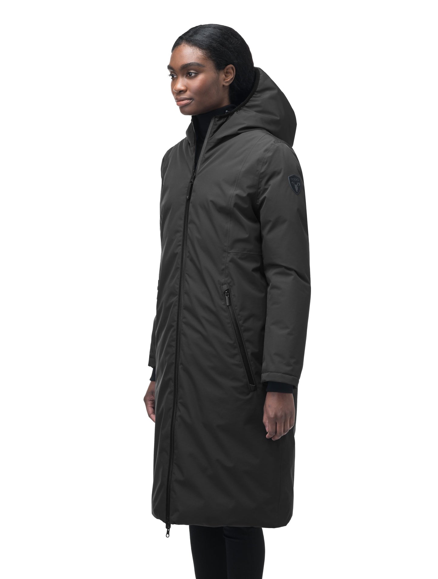 Ladies knee length reversible down-filled parka with non-removable hood in Black