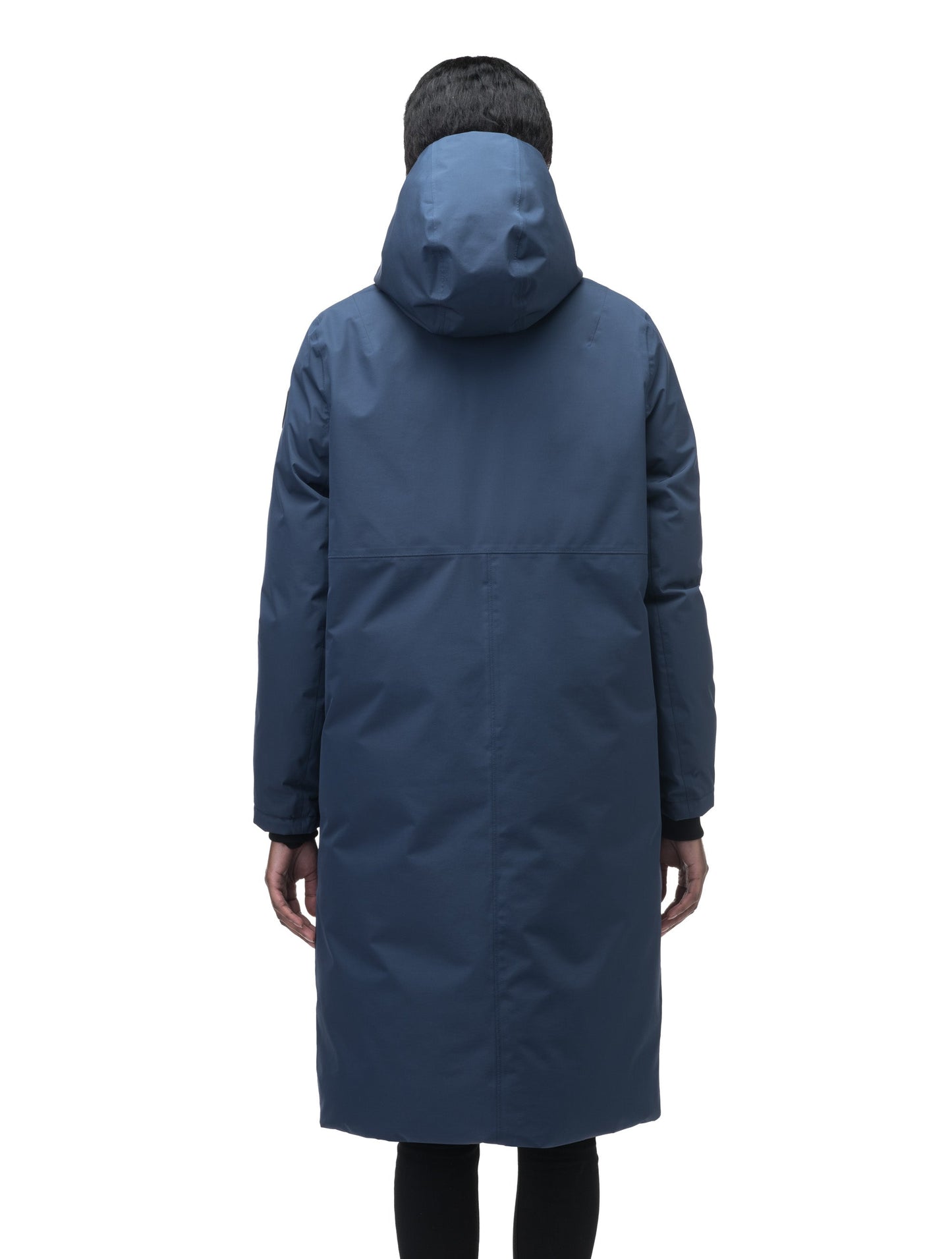 Ladies knee length reversible down-filled parka with non-removable hood in Marine