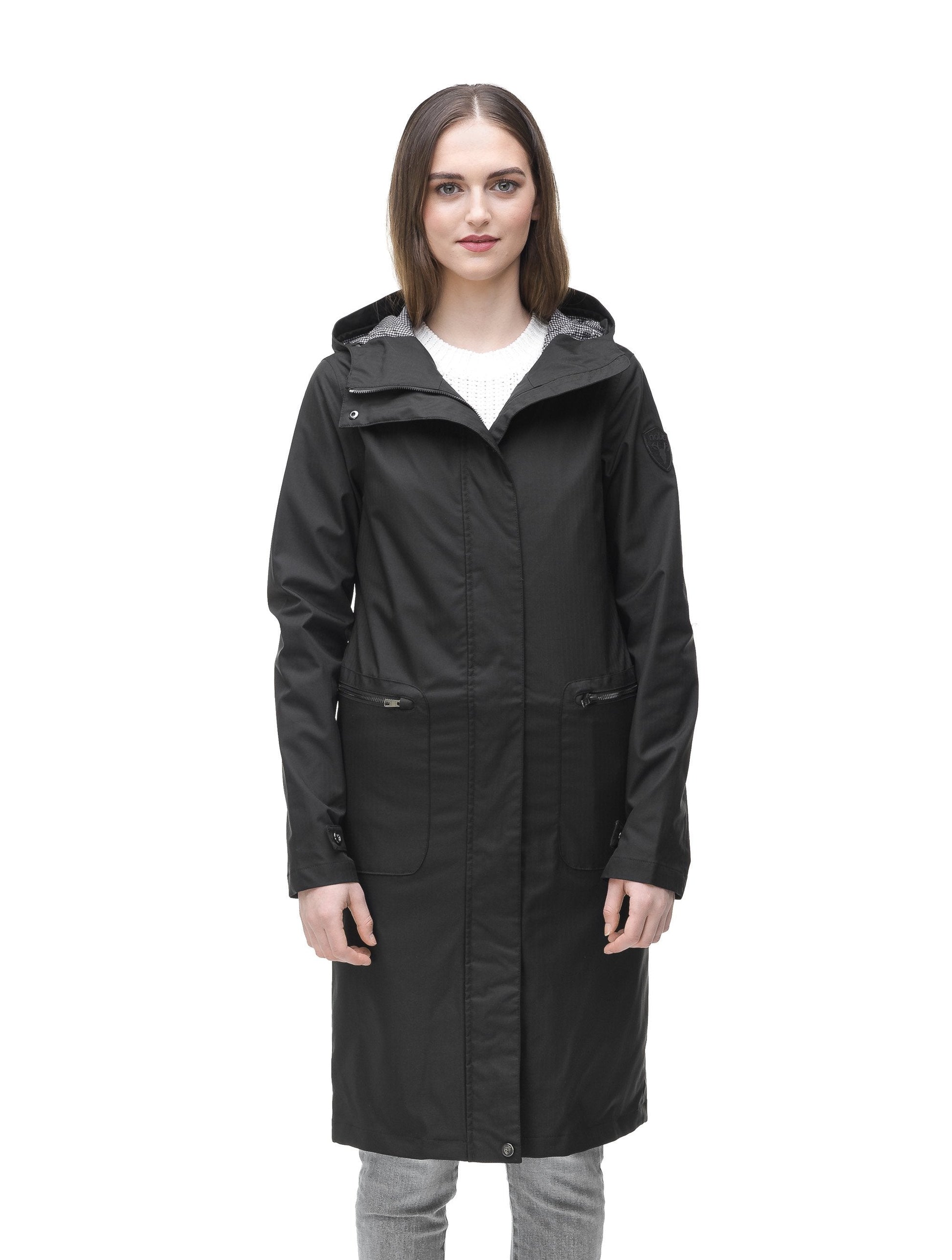 Women's long raincoat with an adjustable hood in Black