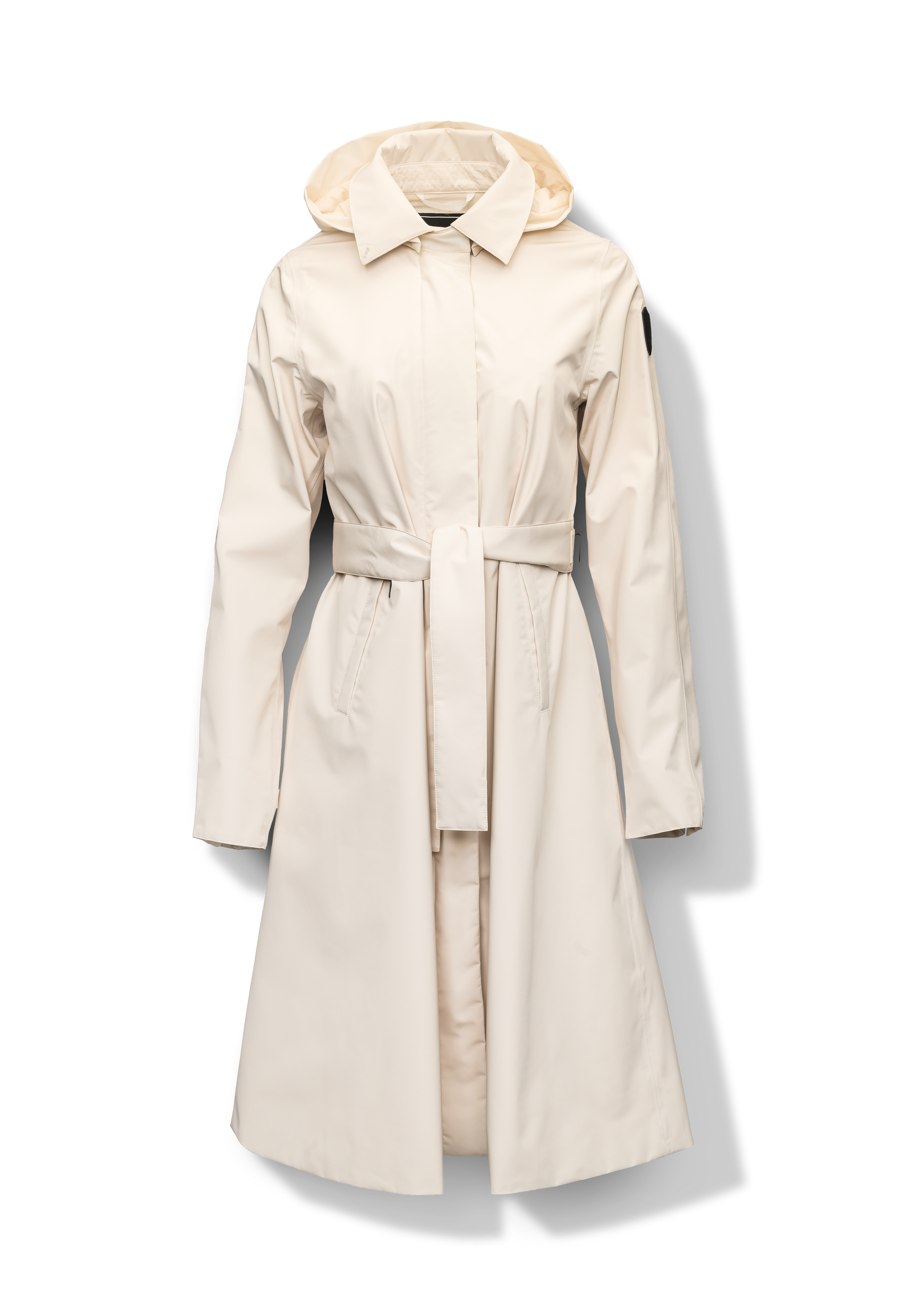 Ivy Ladies Tailored Trench Coat in knee length, 3-Ply Micro Denier fabrication, retractable non-removable hood, front wind flap with snap button closure, removable belt, and adjustable snap cuffs, in Wheat