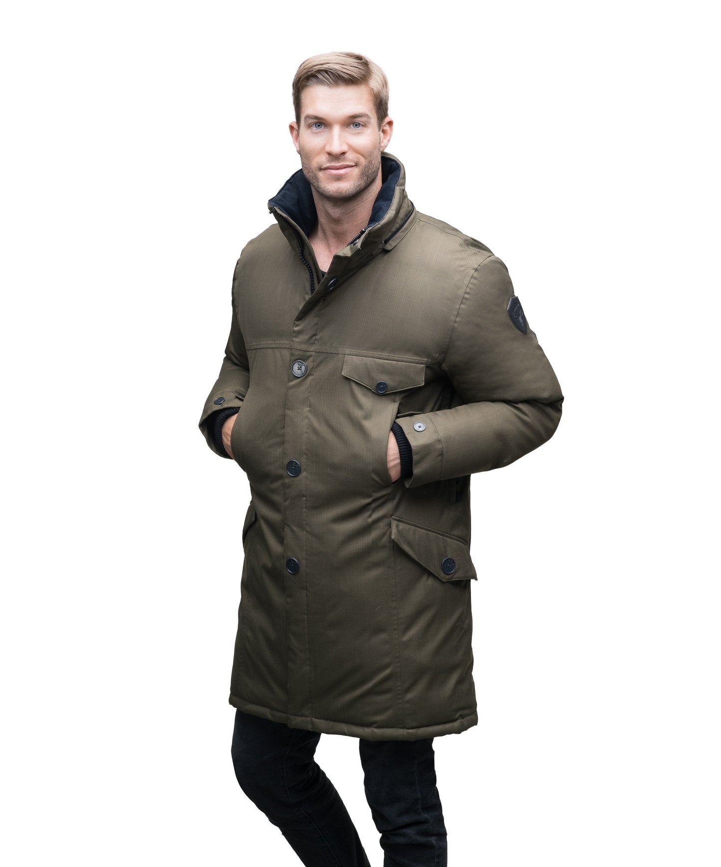 Knee length men's down parks with zipper closure and button up placket with a small left chest pocket in CH Army Green