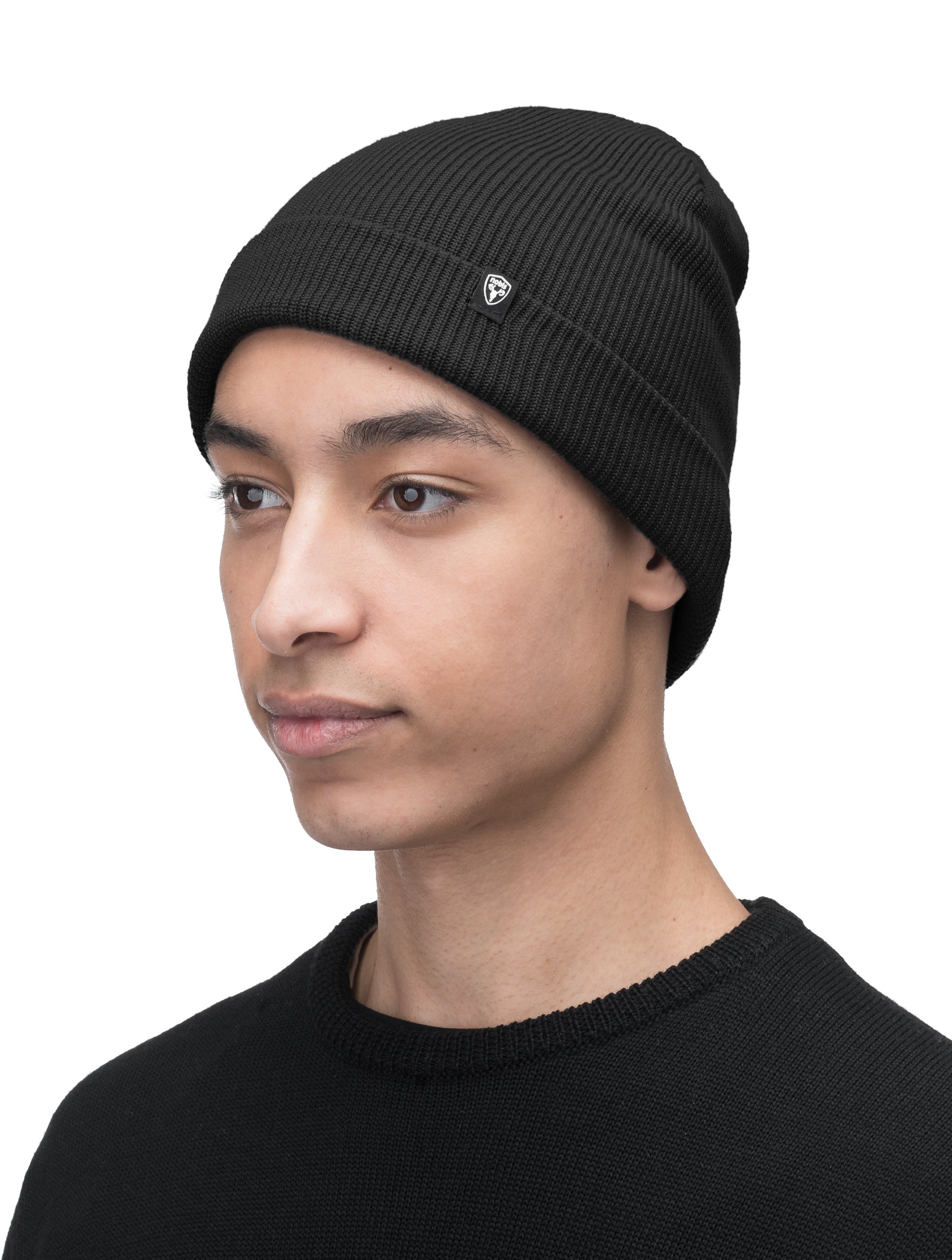 Julian Knit Toque in fine ribbed jersey, with nobis label on cuff, in Black