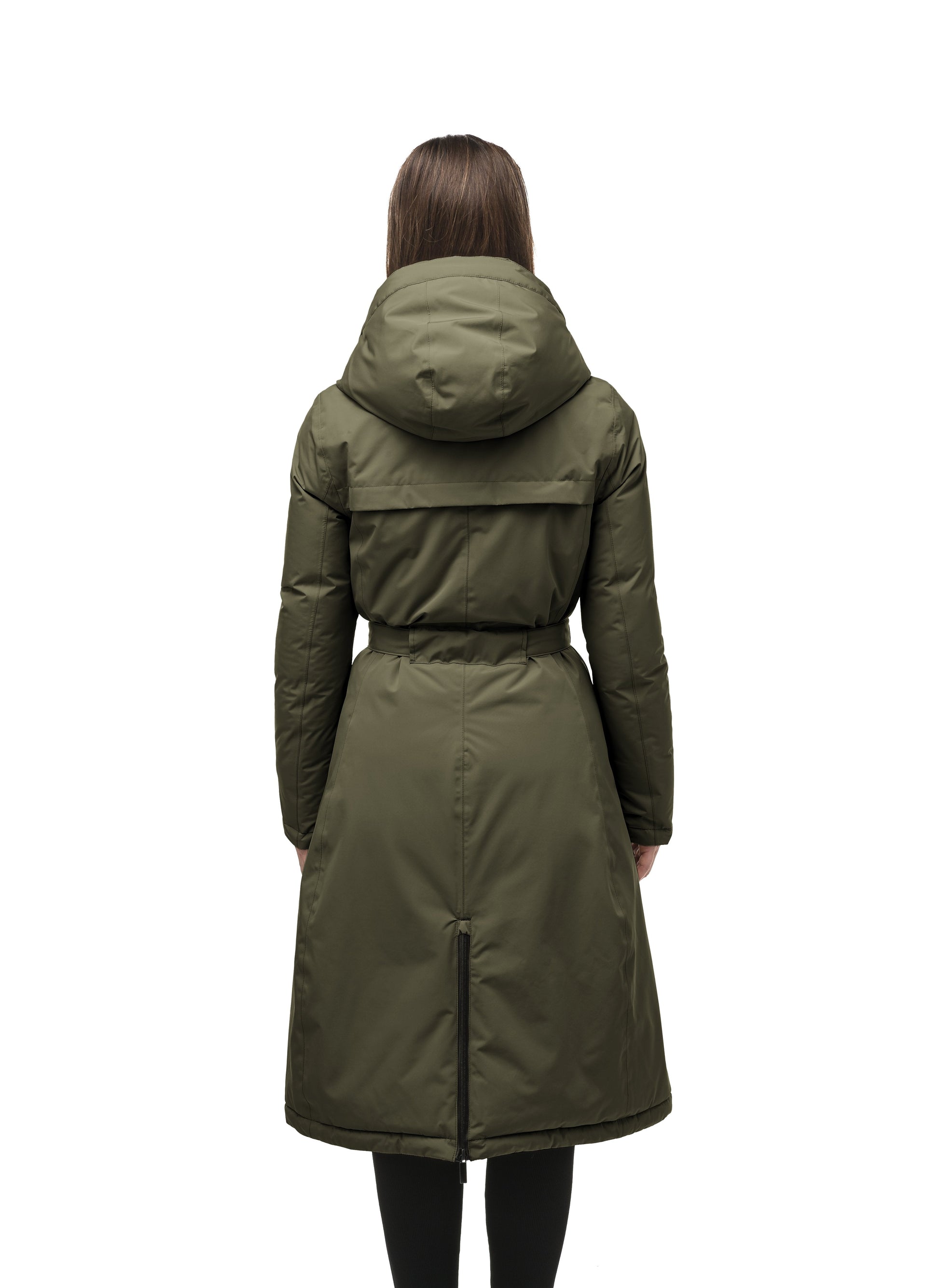 Long calf length hooded women's winter parka with an inner hip length closure, exterior hem length zipper and magentic placket in Fatigue