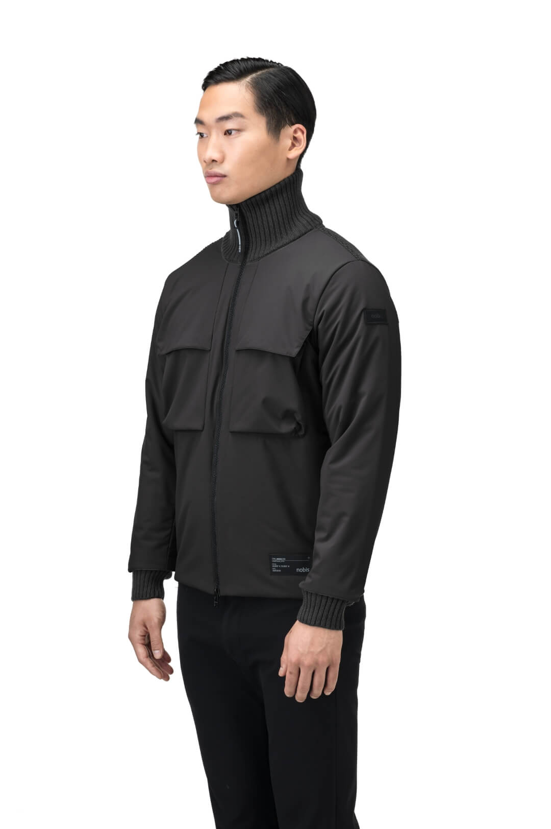 Layton Men's Tactical Hybrid Sweater in hip length, Primaloft Gold Insulation Active+, Merion wool knit collar, sleeves, back, and cuffs, two-way front zipper, and pockets at chest and waist, in Black