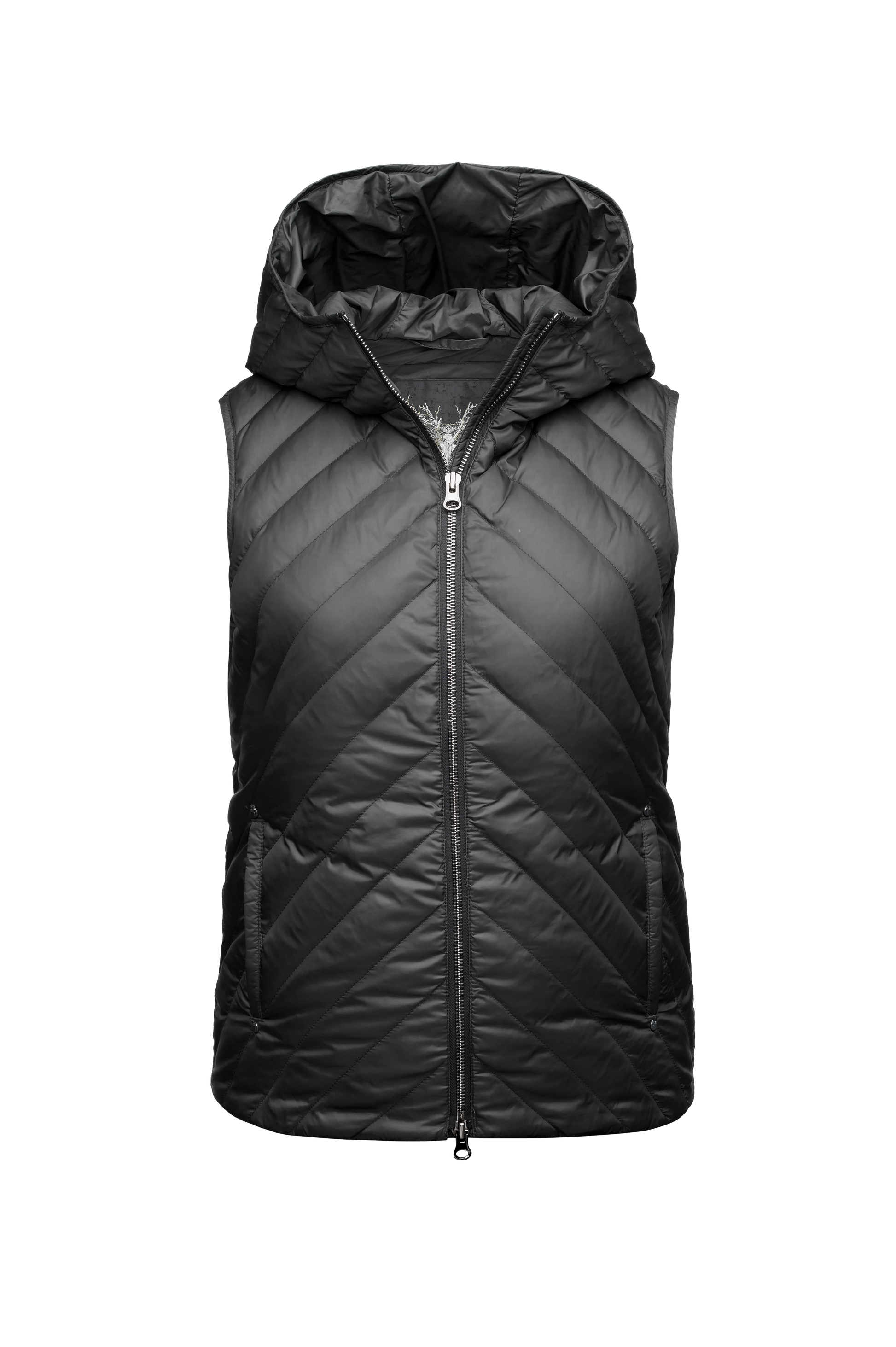 Women's down filled vest with diagonal quilting pattern throughout in Black