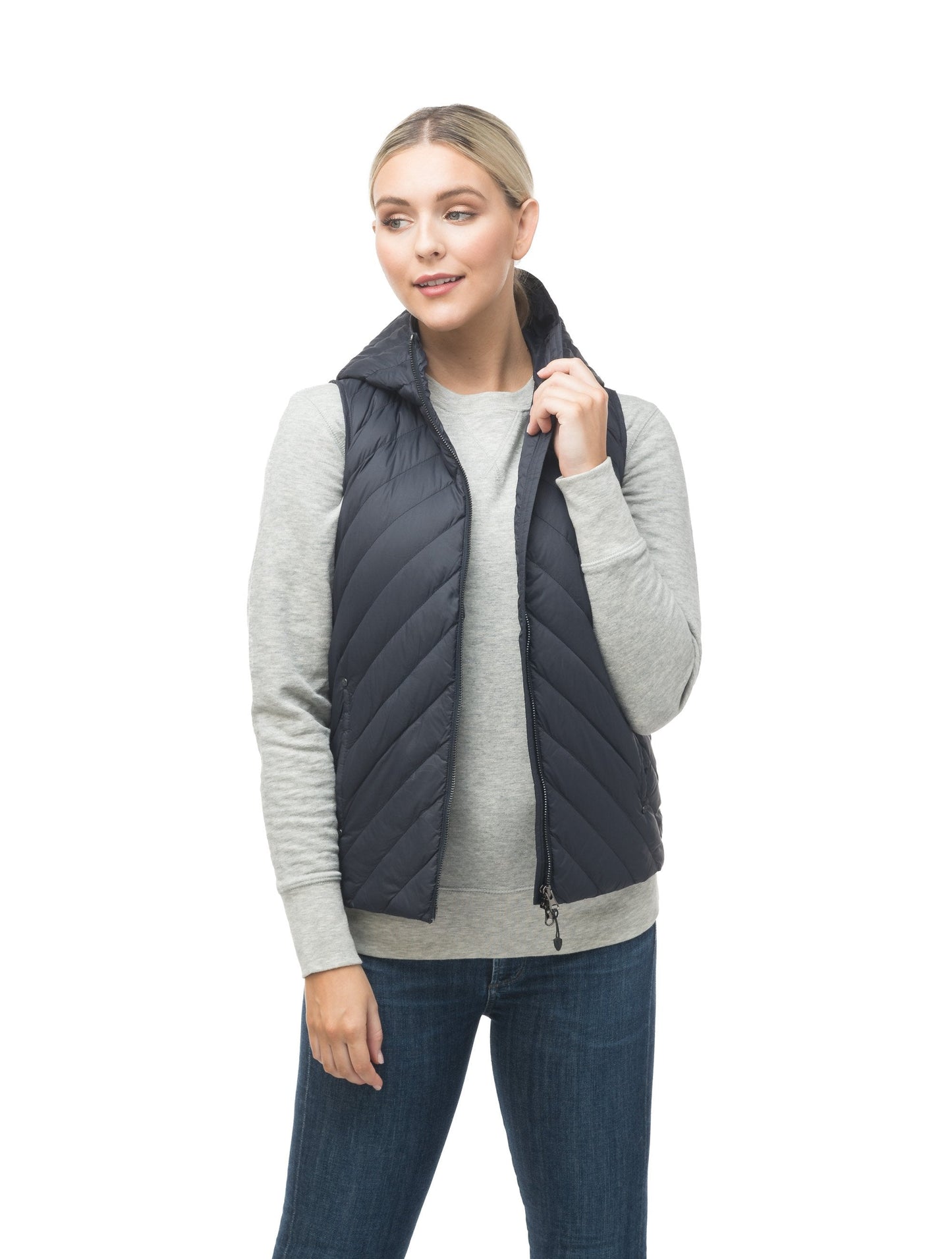 Women's down filled vest with diagonal quilting pattern throughout in Navy
