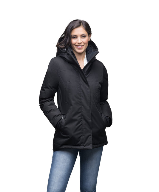 Women's hip length down filled parka with non-removable hood in CH Black