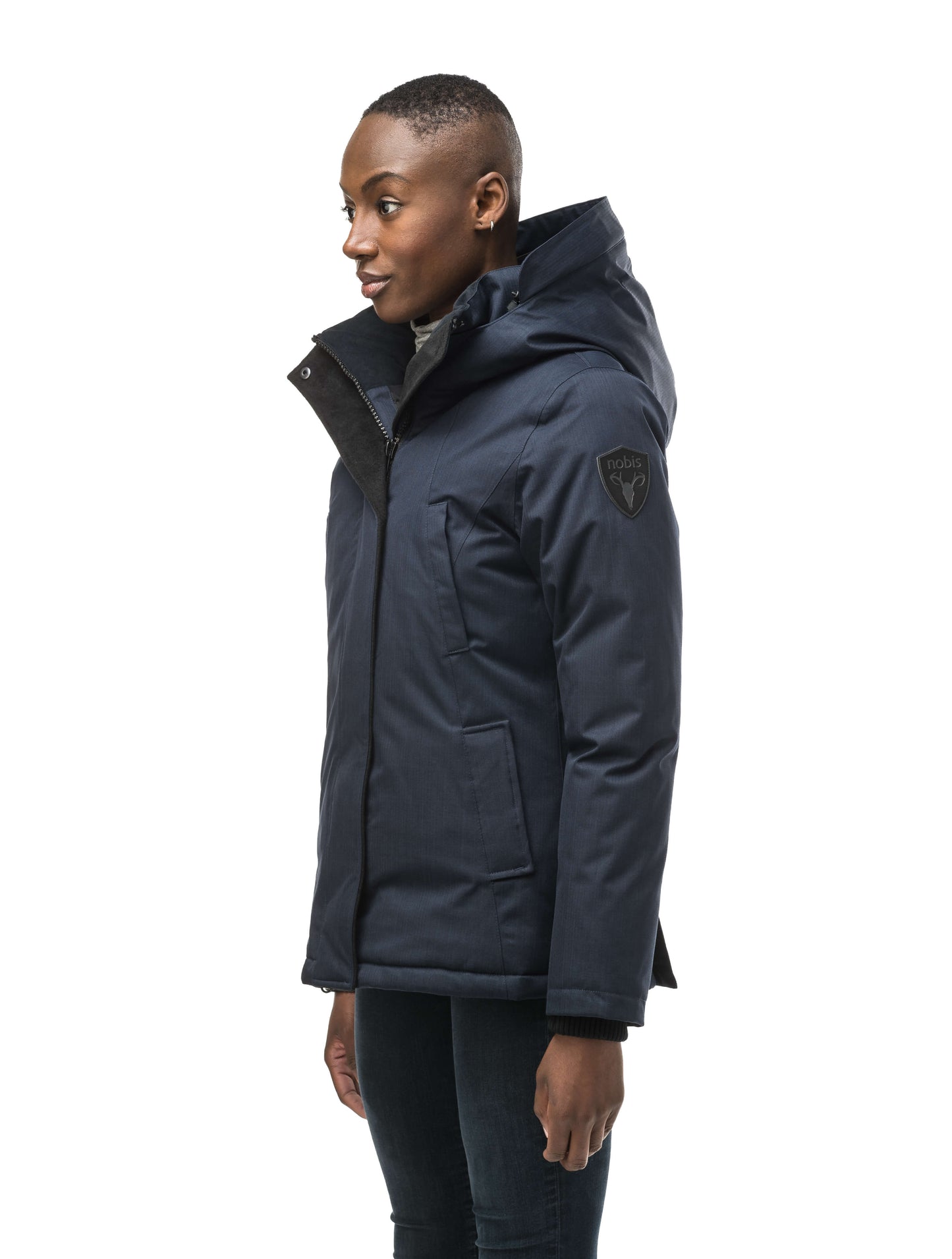 Women's hip length down filled parka with non-removable hood in CH Navy
