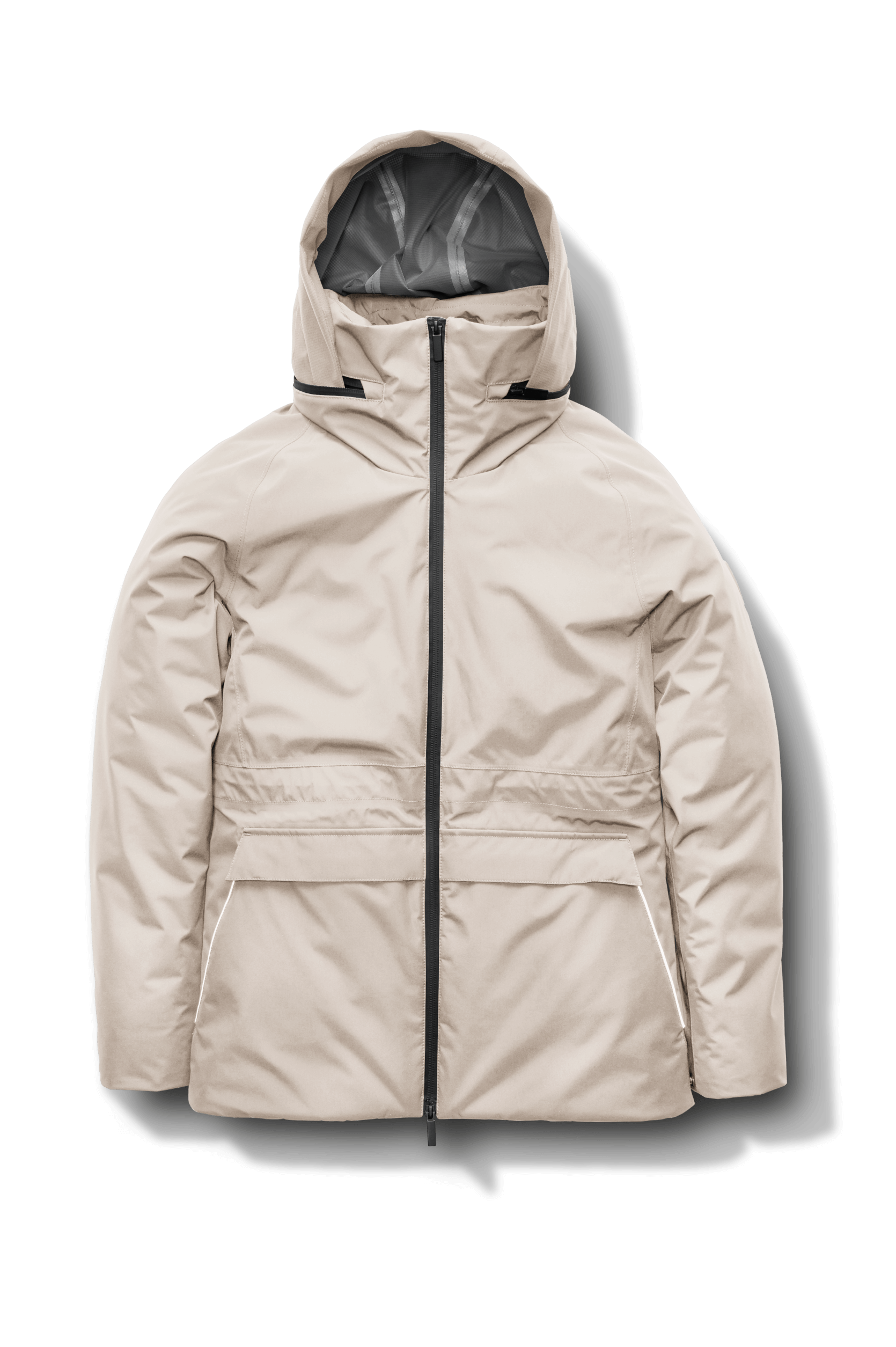 Litho Ladies Short Parka in hip length, Canadian duck down insulation, tuckable waterproof hood, and two-way zipper, in Clay