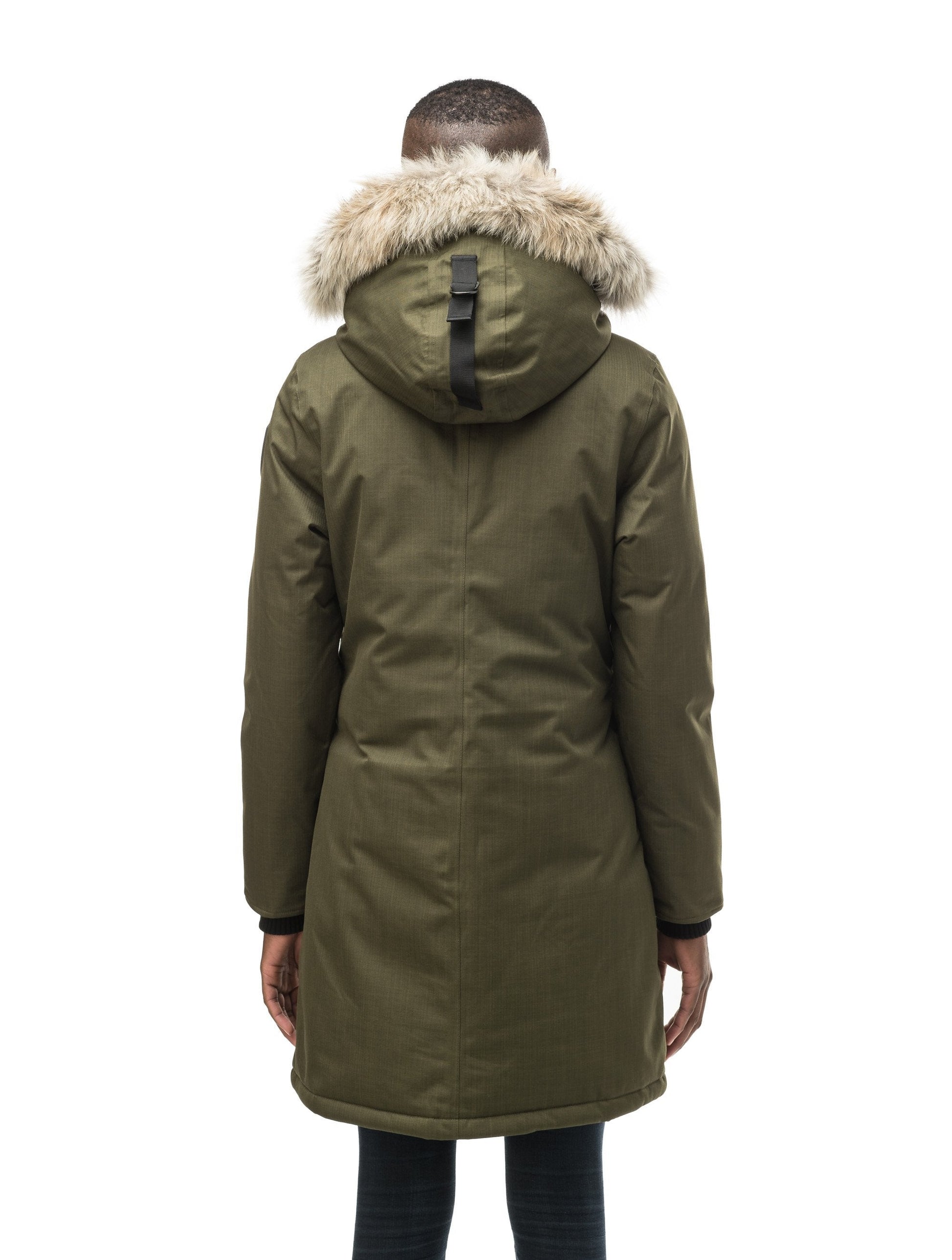 Best selling women's down filled knee length parka with removable down filled hood in CH Fatigue