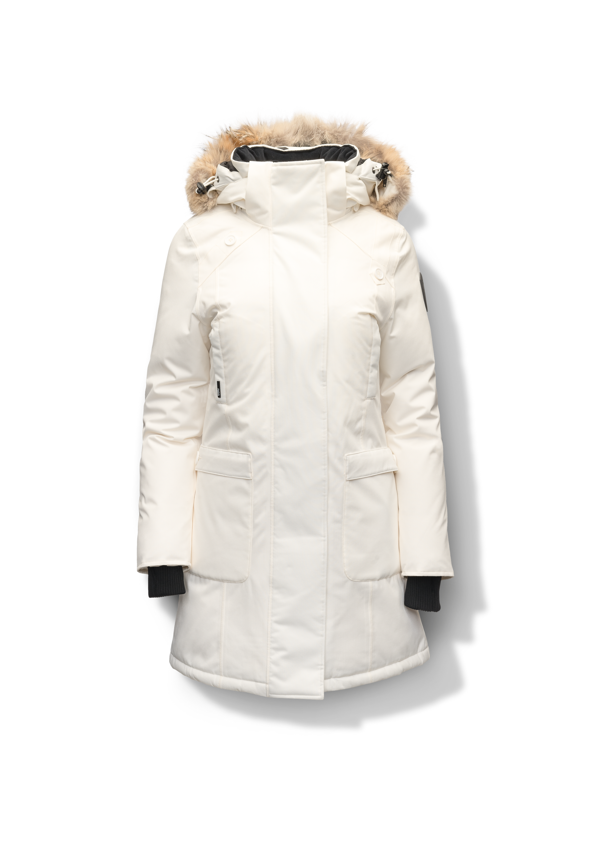 Best selling women's down filled knee length parka with removable down filled hood in Chalk