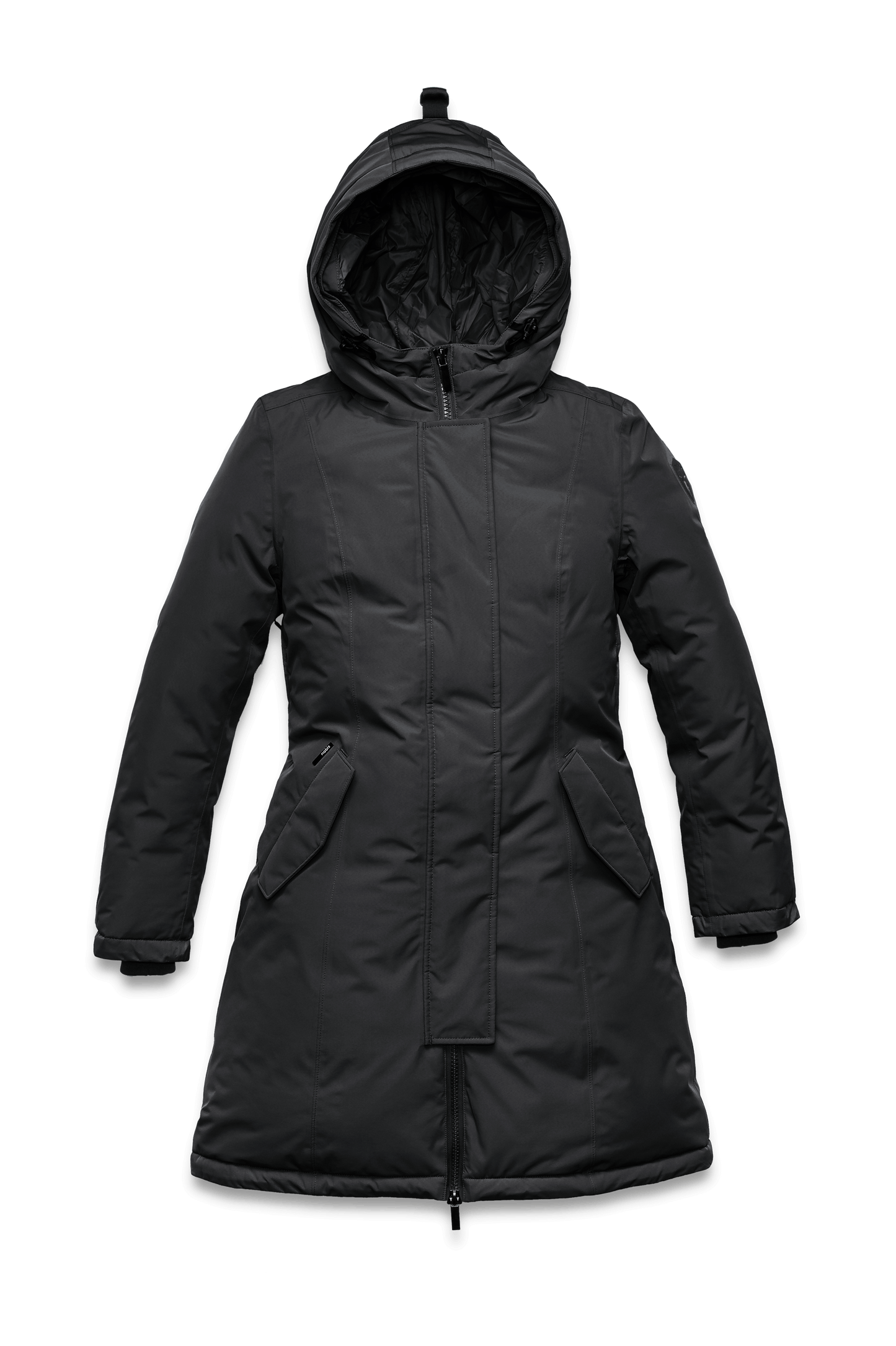 Ladies thigh length down-filled parka with non-removable hood in Black