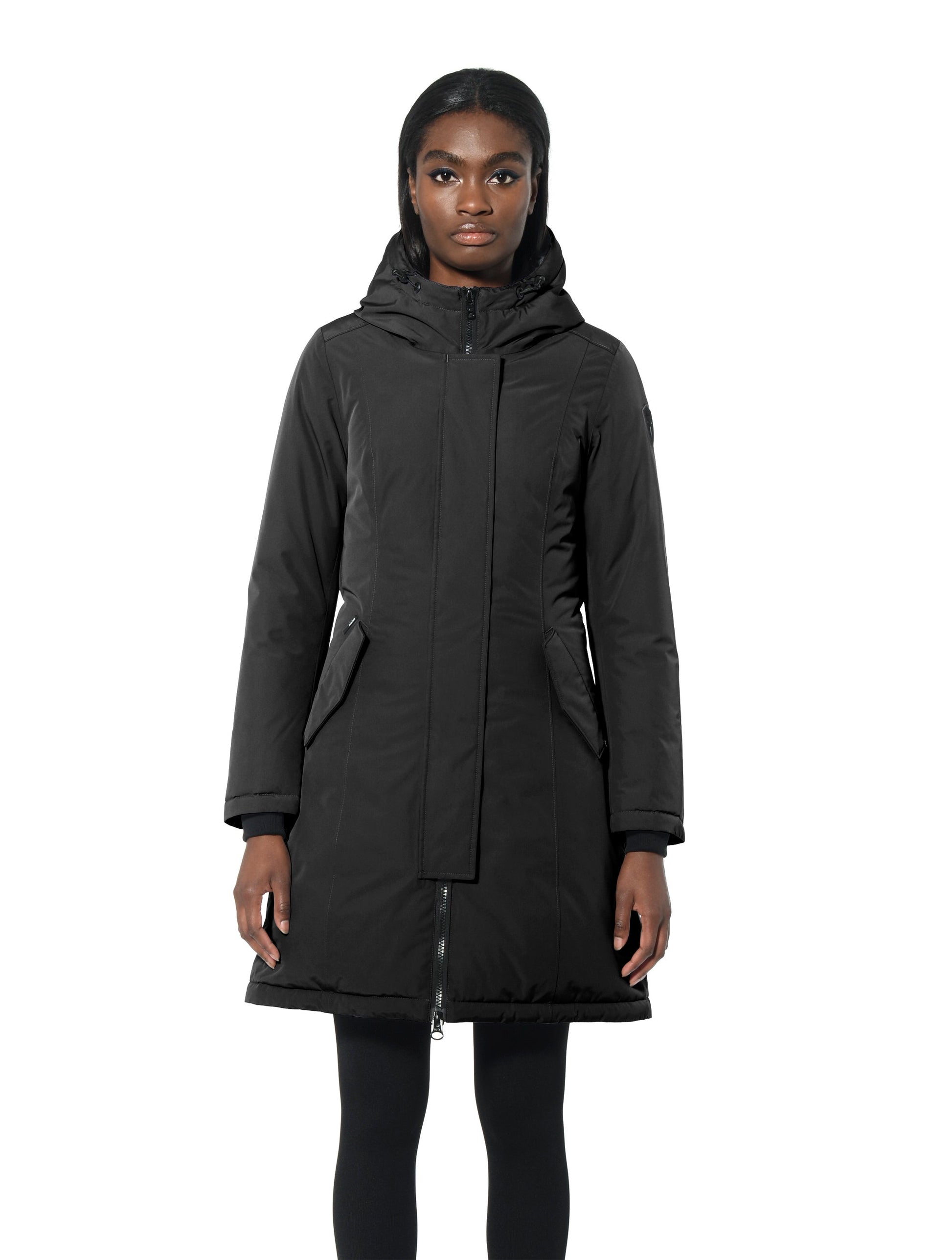 Ladies thigh length down-filled parka with non-removable hood in Black