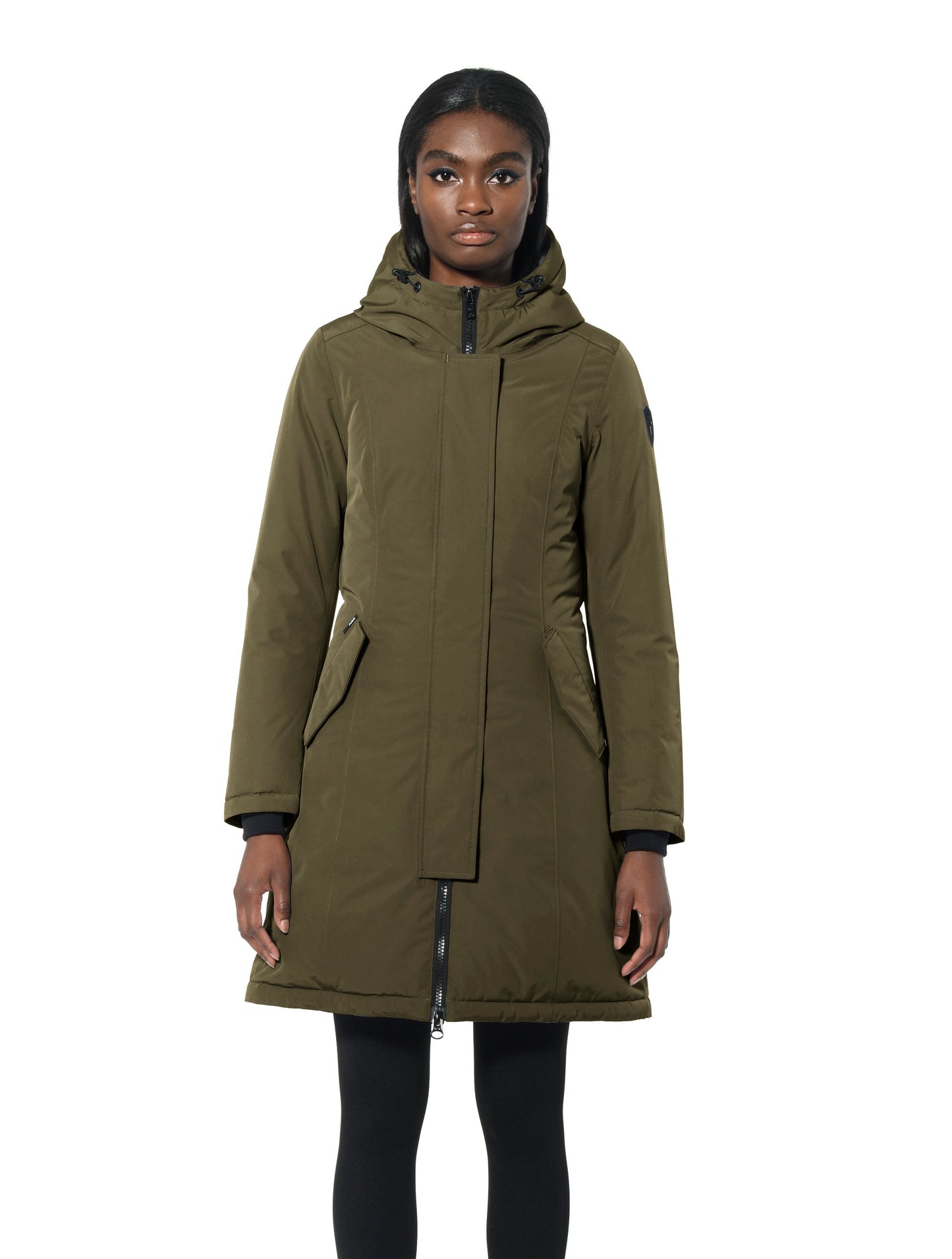 Ladies thigh length down-filled parka with non-removable hood in Fatigue