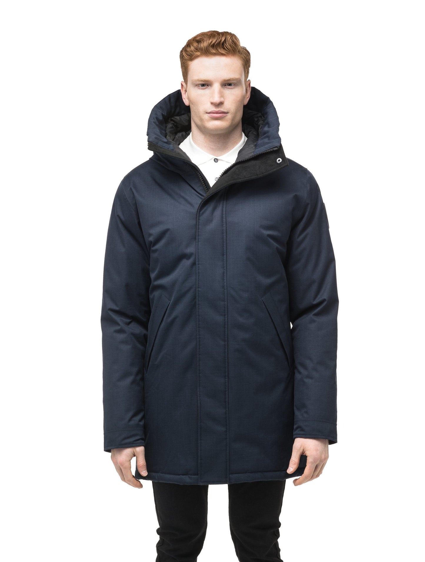 Pierre Men's Jacket in thigh length, Canadian white duck down insulation, non-removable down-filled hood, angled waist pockets, centre-front zipper with wind flap, and elastic ribbed cuffs, in Navy